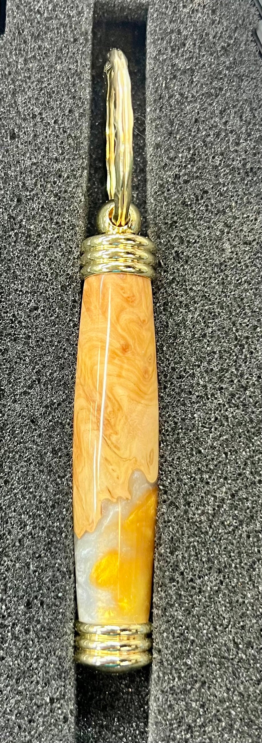 Secret Compartment Keychain-Mallee Burl-Gold and White Resin