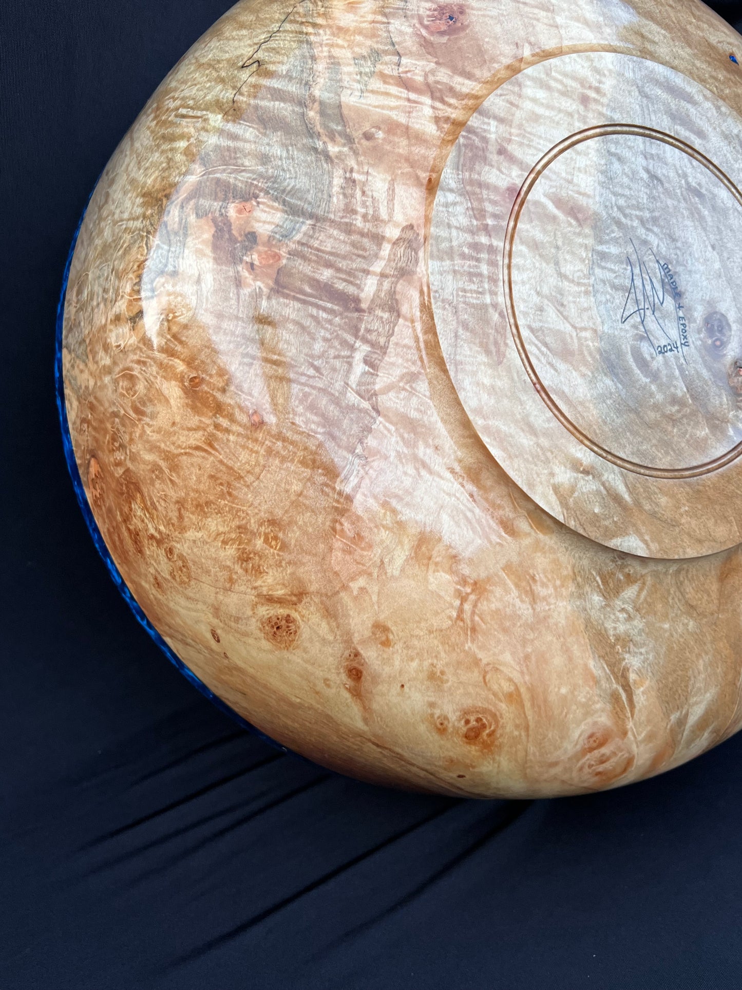 15 Inch Hand Turned Very curly Maple Bowl with Deep Blue colored resin Rim