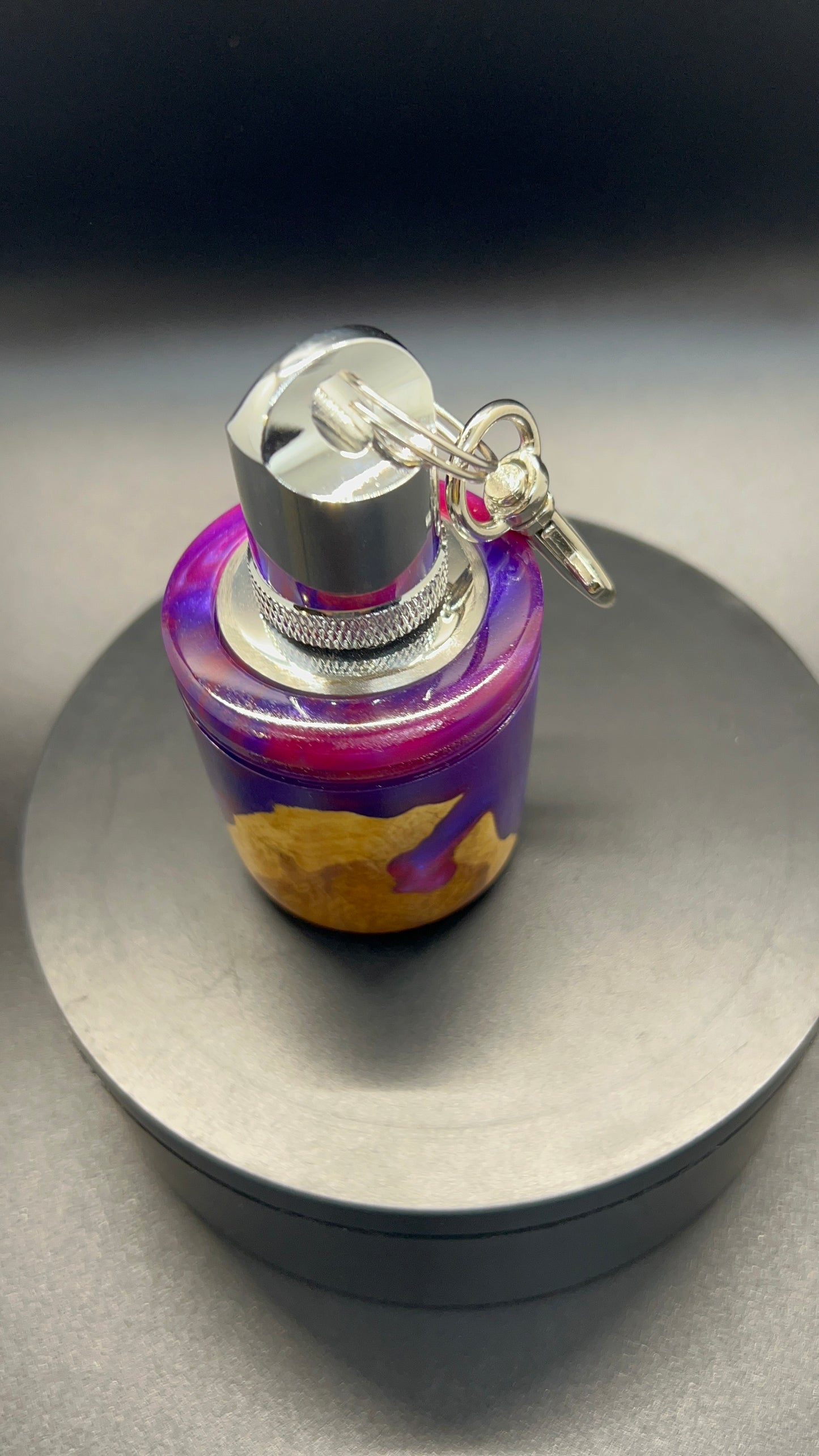 Flask Keychain-Mallee Burl-Magenta and Purple Resin