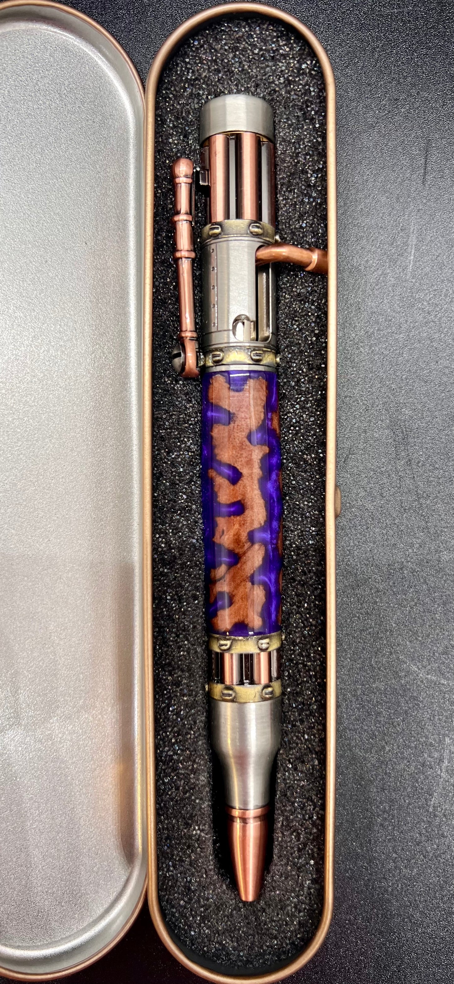 Steampunk Bolt Action Pen with Mallee Burl and Purple colored resin
