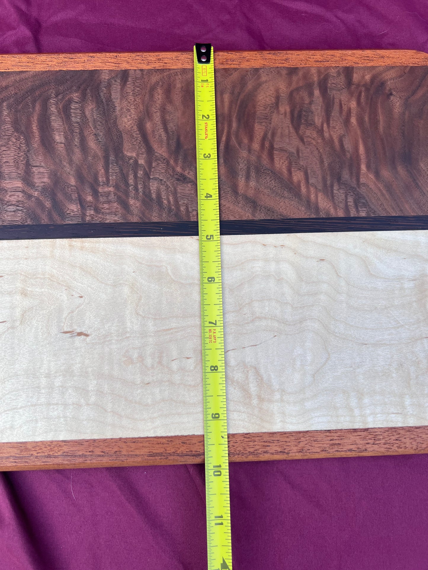 Charcuterie board Curly Walnut, Curly Maple, accented with Wenge & Mahogany