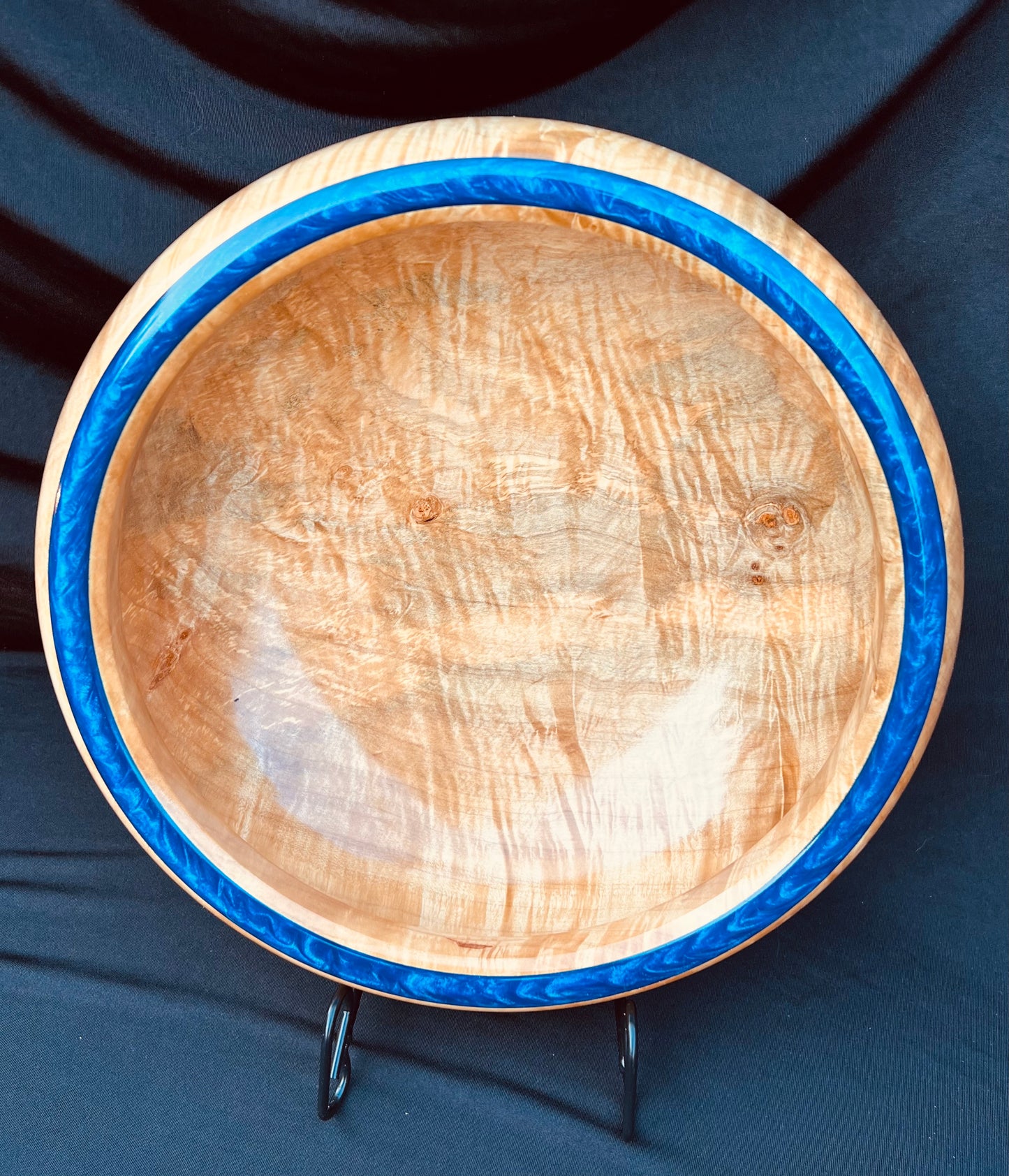 Hand Turned Very curly Maple Bowl with Deep Blue colored resin Rim