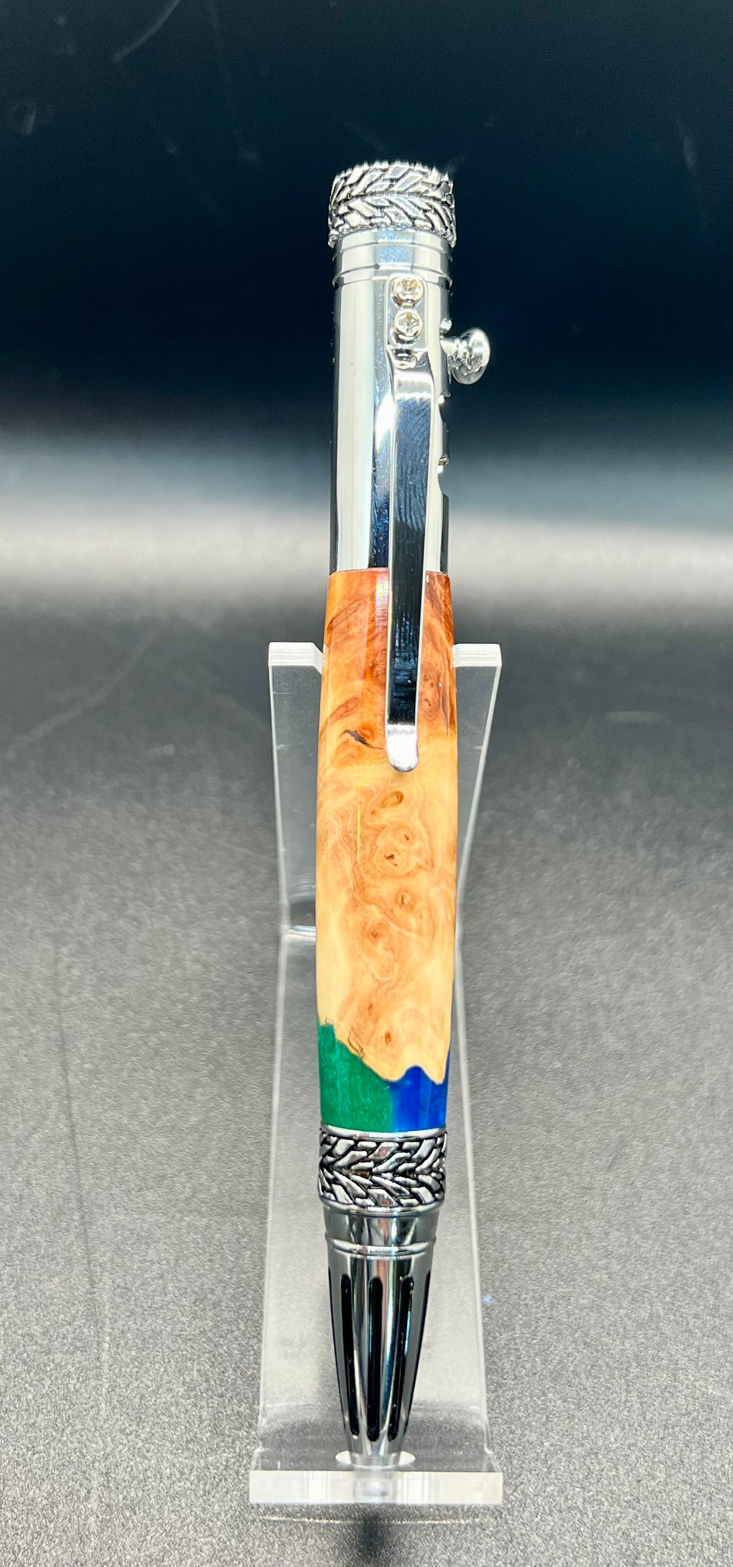 Gear Shift Pen - Chrome, Burl, Blue and Green resin
