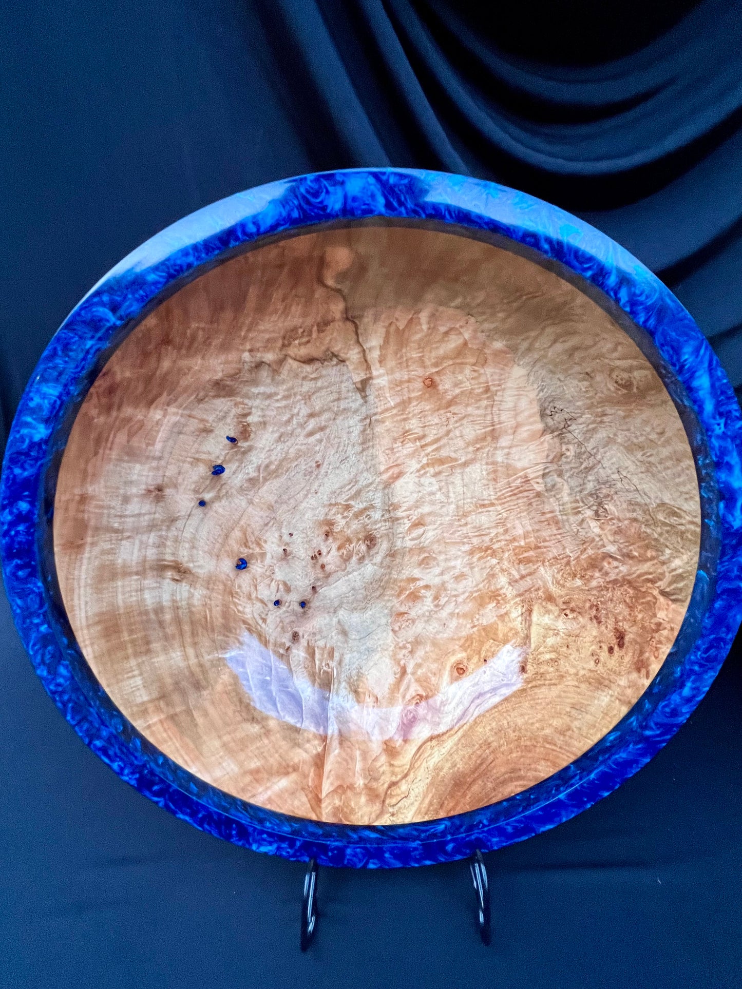 15 Inch Hand Turned Very curly Maple Bowl with Deep Blue colored resin Rim