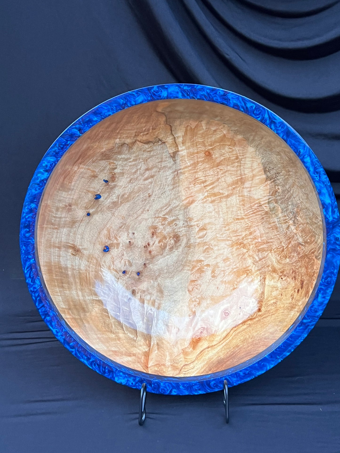 15 Inch Hand Turned Very curly Maple Bowl with Deep Blue colored resin Rim