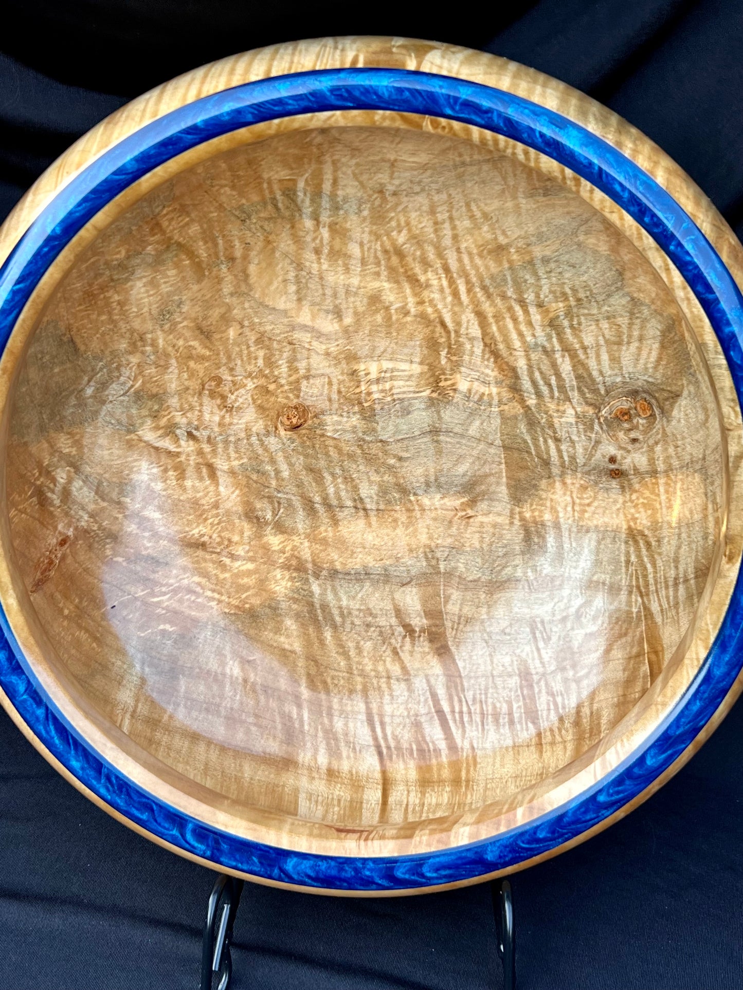 Hand Turned Very curly Maple Bowl with Deep Blue colored resin Rim