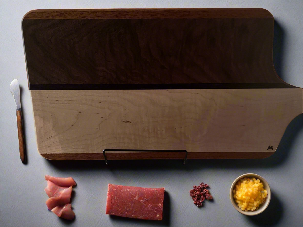 Charcuterie board Curly Walnut, Curly Maple, accented with Wenge & Mahogany