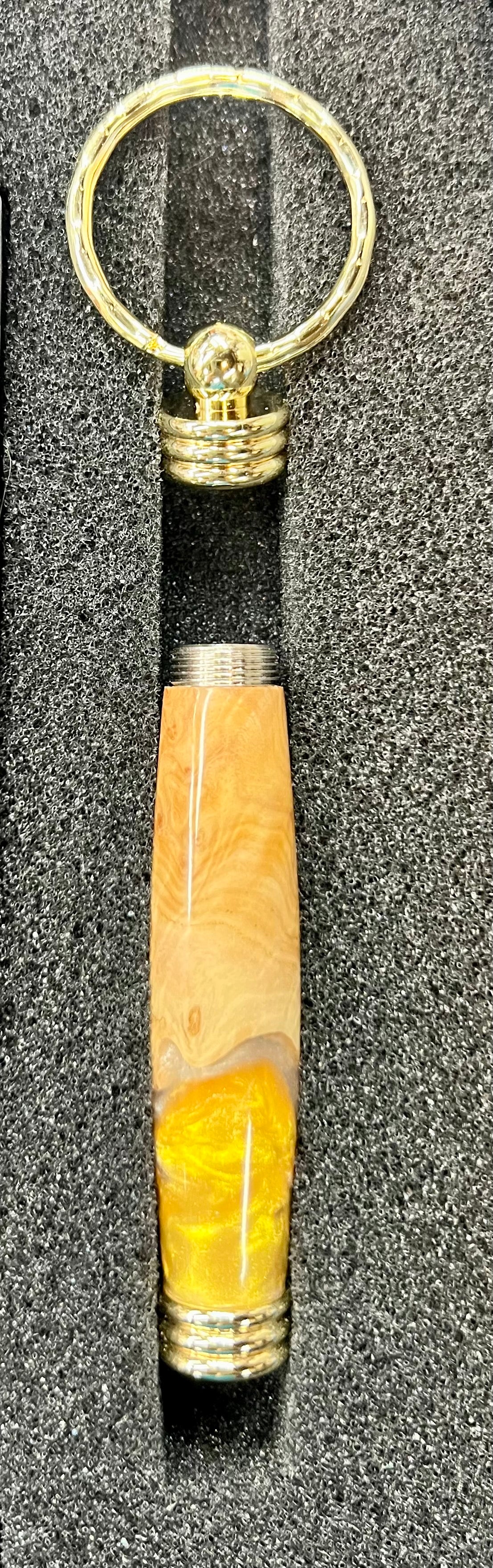 Secret Compartment Keychain-Mallee Burl-Gold and White Resin