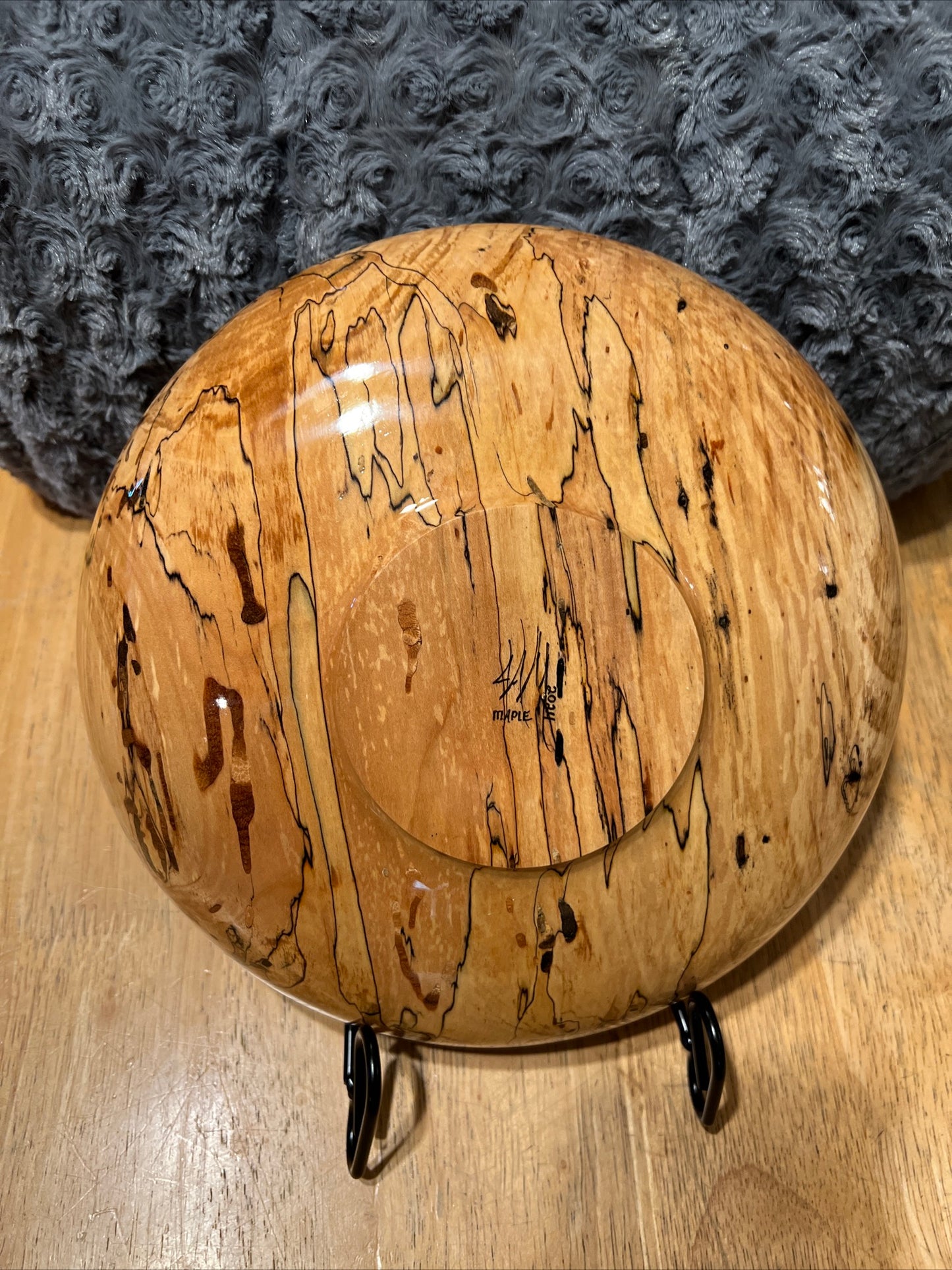 Hand Turned Pencil Spalted Maple Dish with Blue Resin Inlay