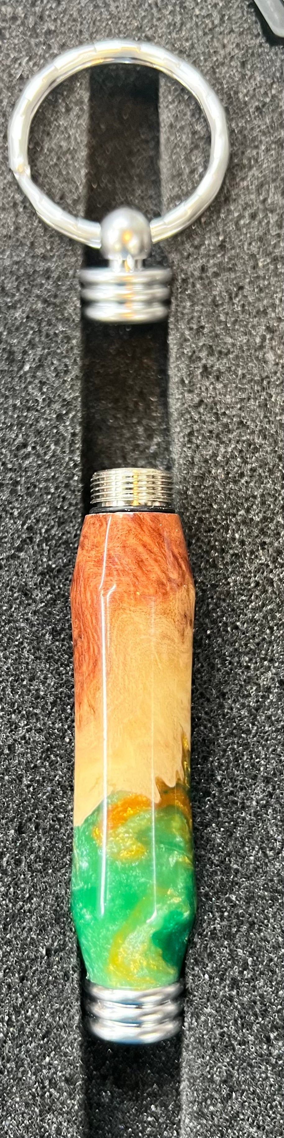 Secret Compartment Keychain-Mallee Burl-Gold and Green Resin
