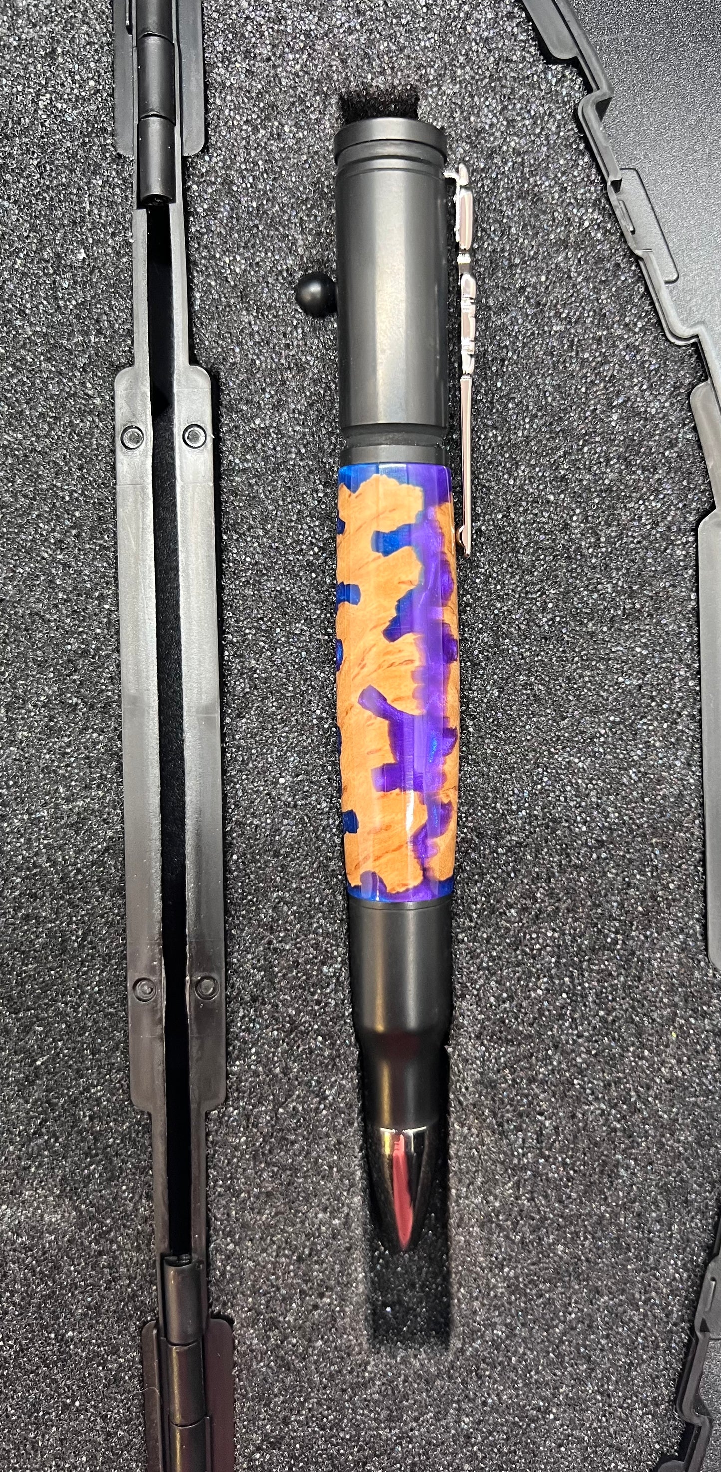 Bolt Action Black Enamel Pen with Mallee Burl and Blue and Purple colored resin