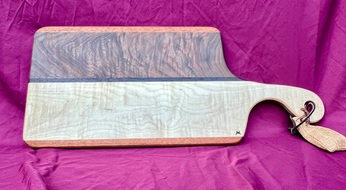 Charcuterie board Curly Walnut, Curly Maple, accented with Wenge & Mahogany