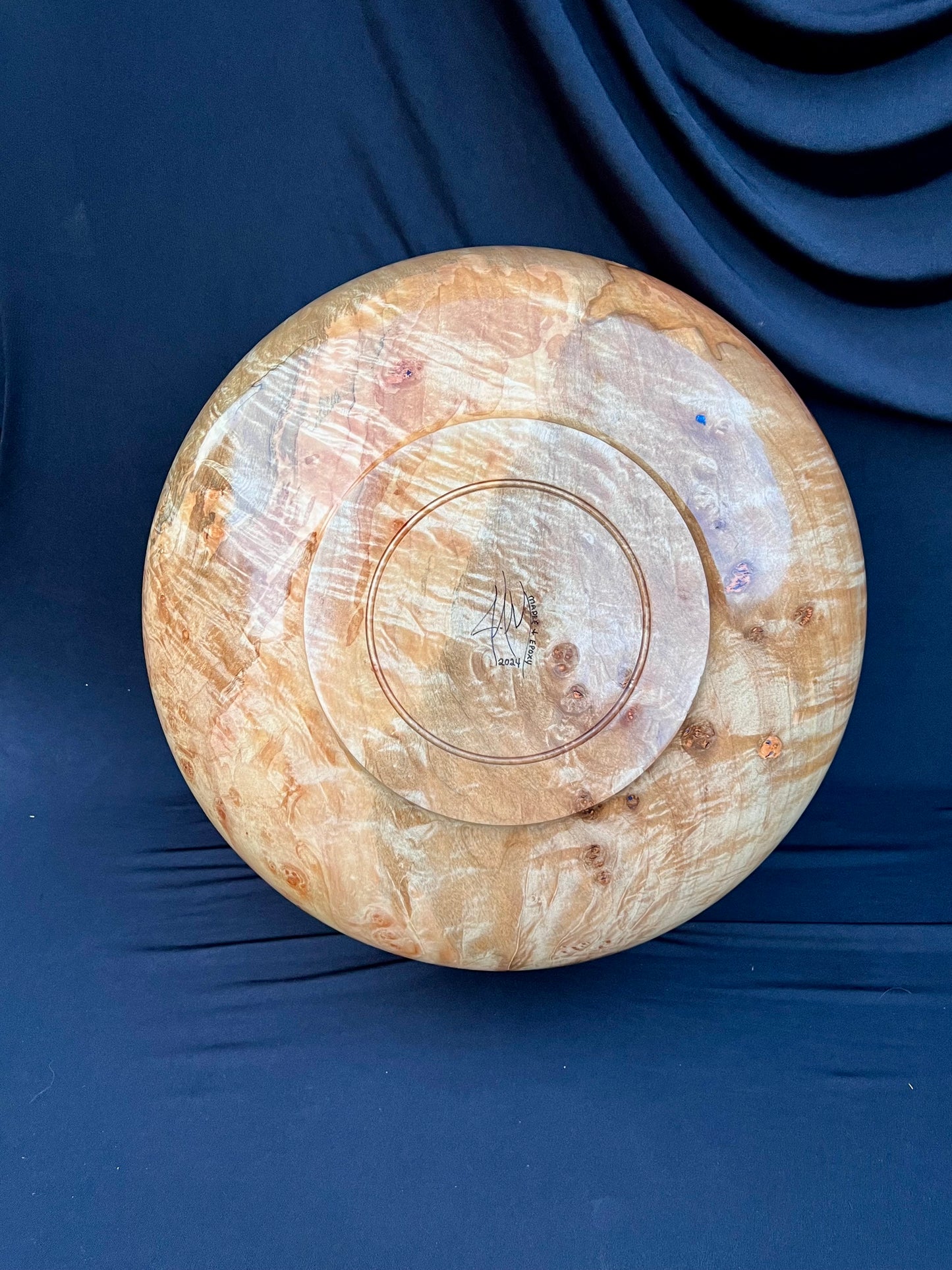 15 Inch Hand Turned Very curly Maple Bowl with Deep Blue colored resin Rim