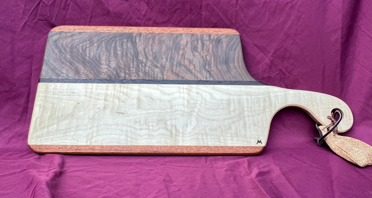 Charcuterie board Curly Walnut, Curly Maple, accented with Wenge & Mahogany