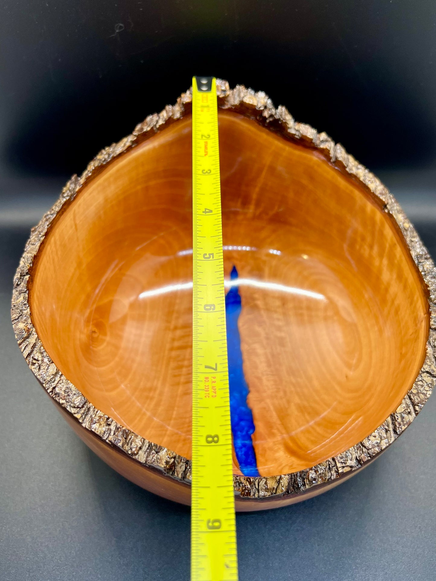 Hand turned Bradford Pear Bowl Live Edge Bowl with Blue center