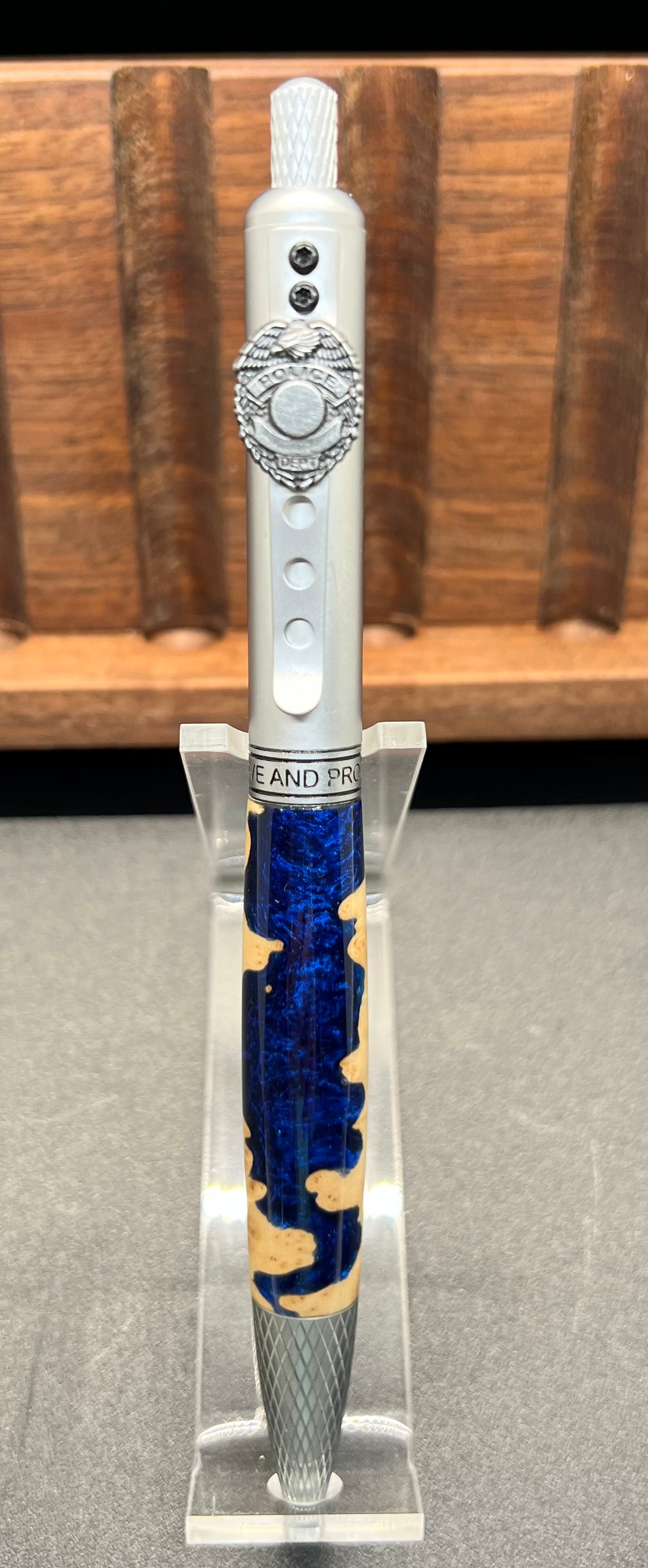 Law Enforcement Click Pen-Mallee Burl- Blue resin