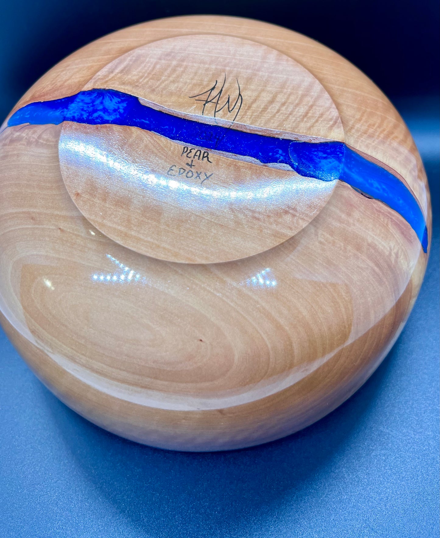 Hand turned Bradford Pear Bowl Live Edge Bowl with Blue center