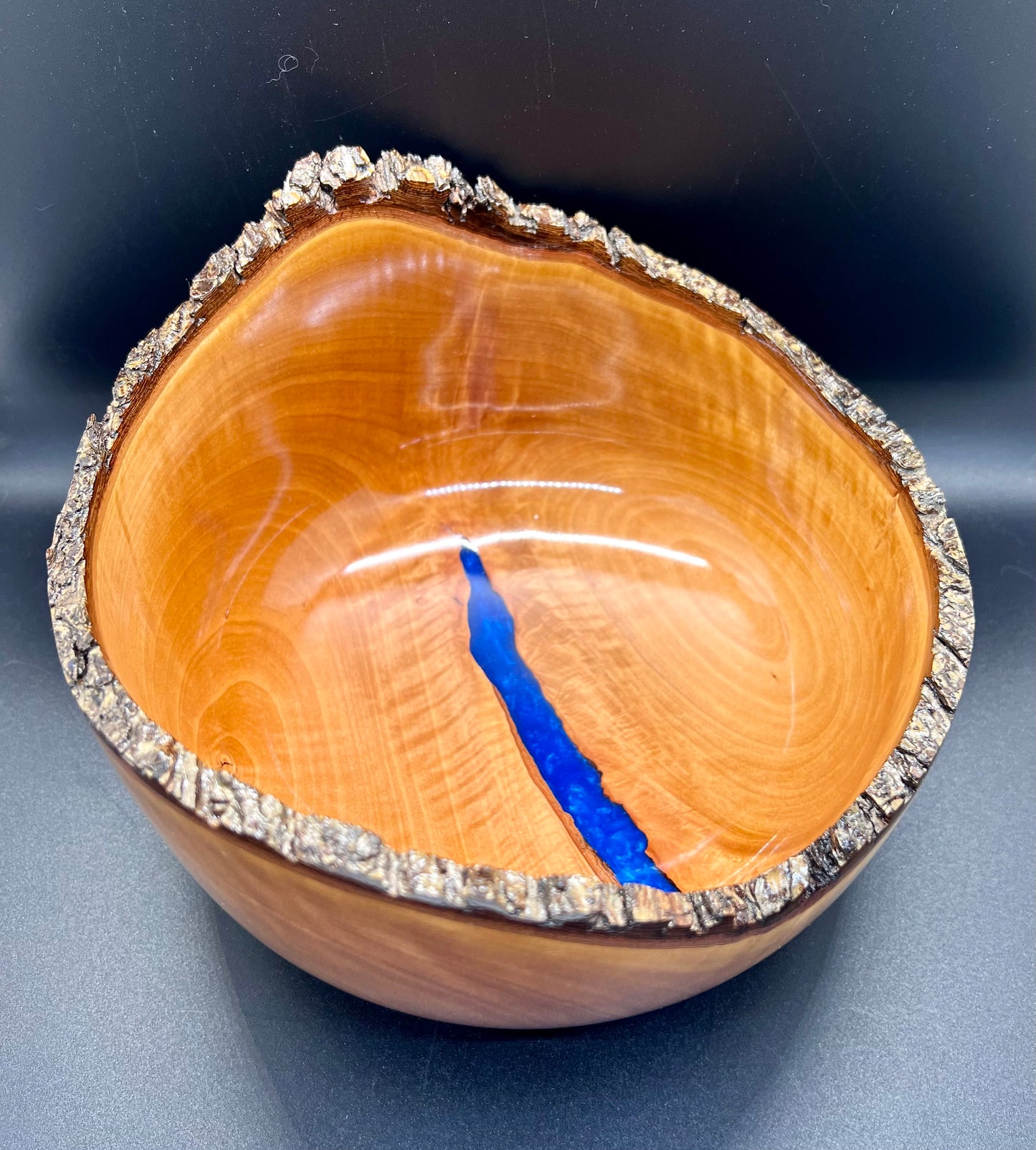 Hand turned Bradford Pear Bowl Live Edge Bowl with Blue center