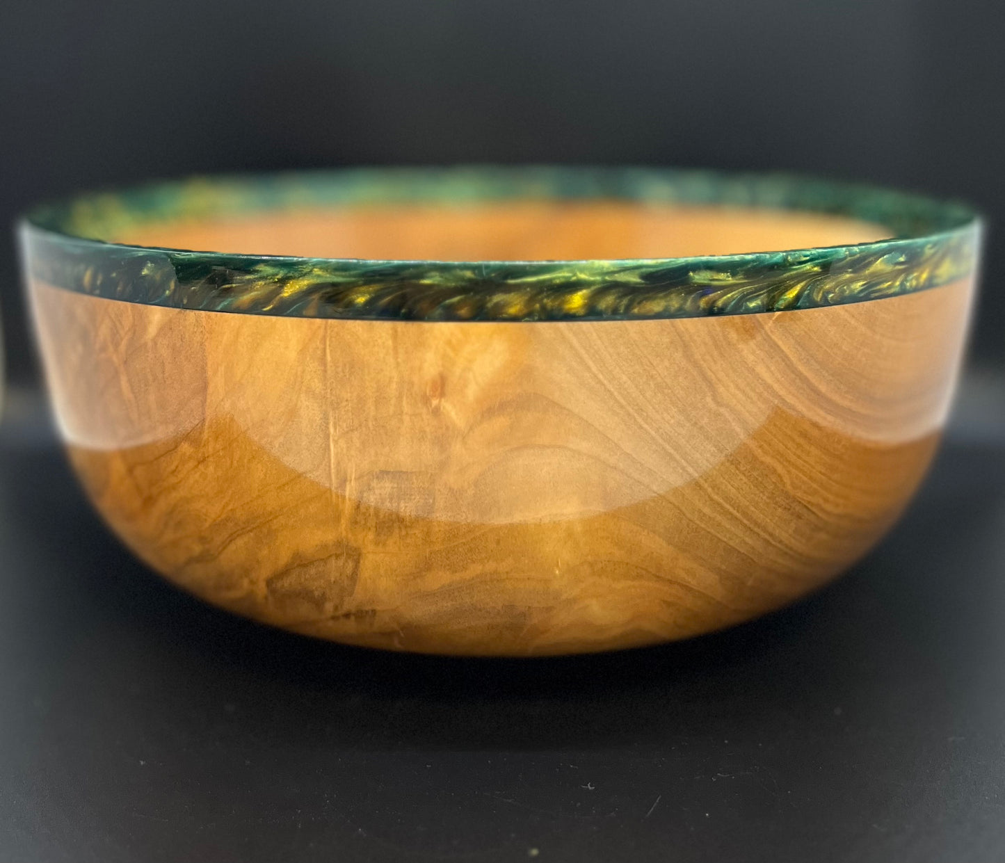 Hand turned curly Maple Bowl with Green and Gold rim