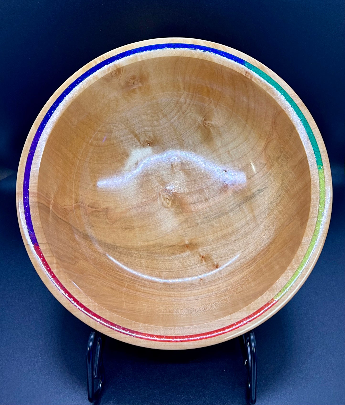 Hand turned Curly Maple Bowl with rainbow inlay