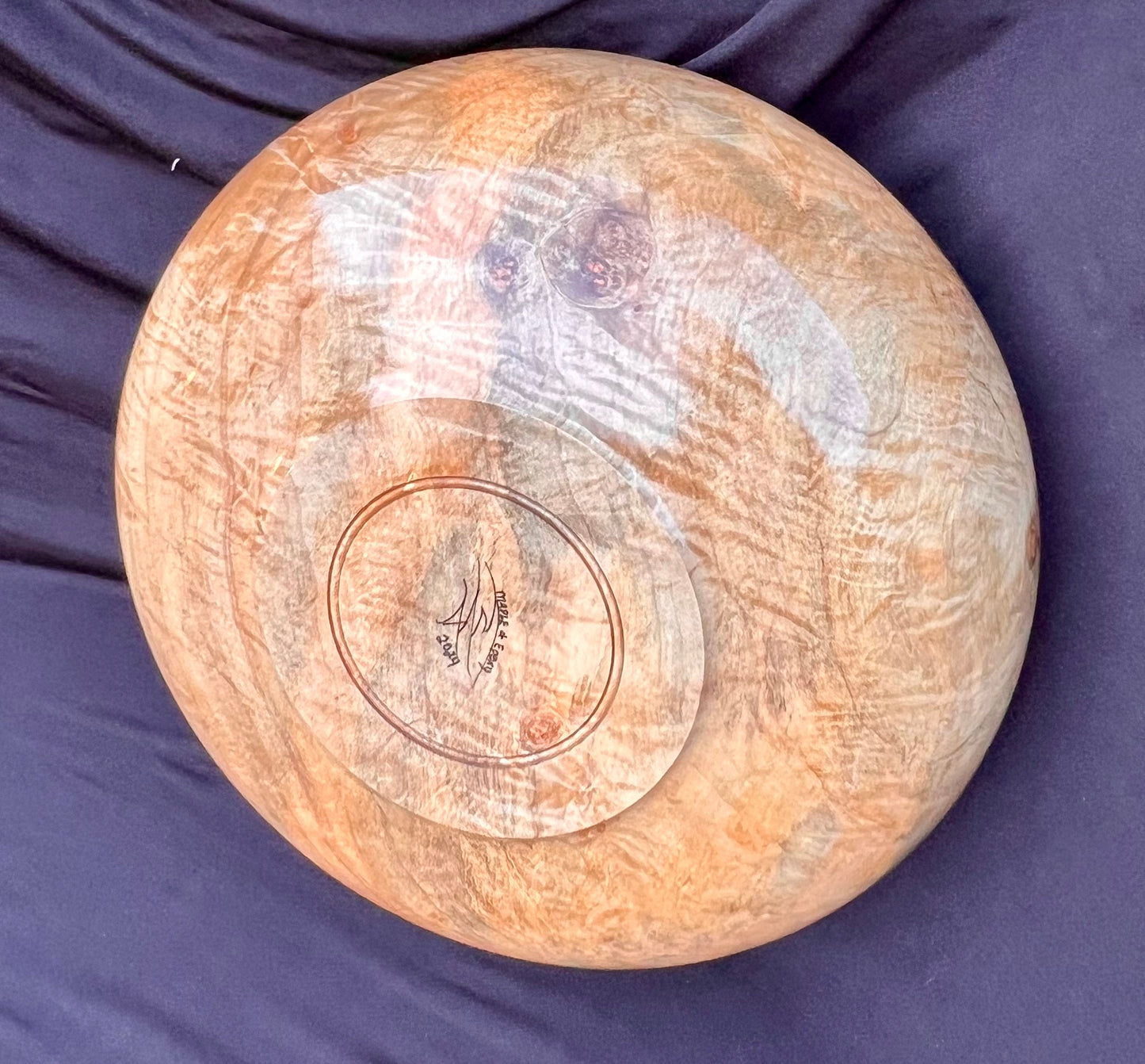 Hand Turned Very curly Maple Bowl with Deep Blue colored resin Rim