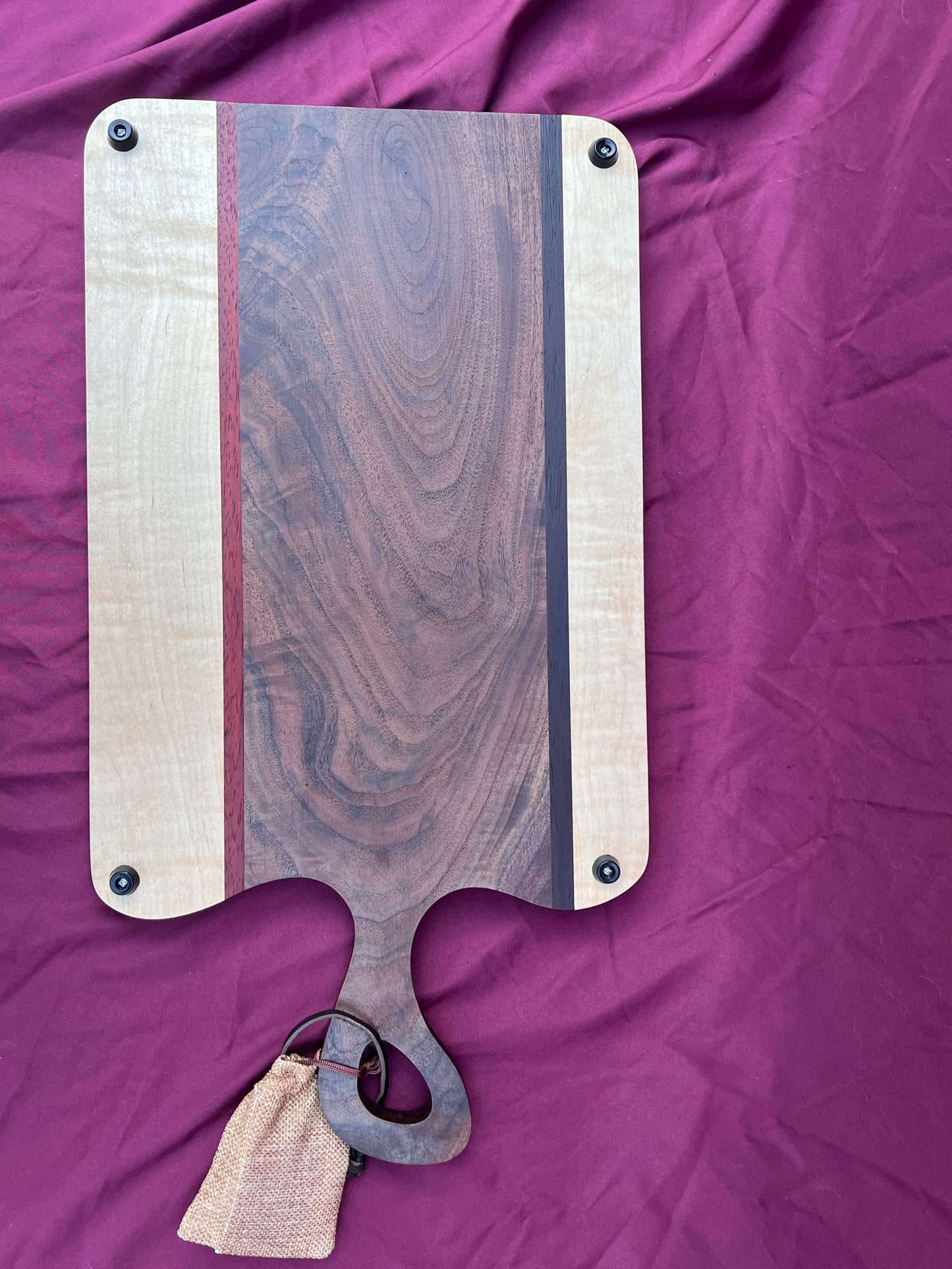 Charcuterie board Curly Walnut, Curly Maple, Accented with Padauk and Wenge