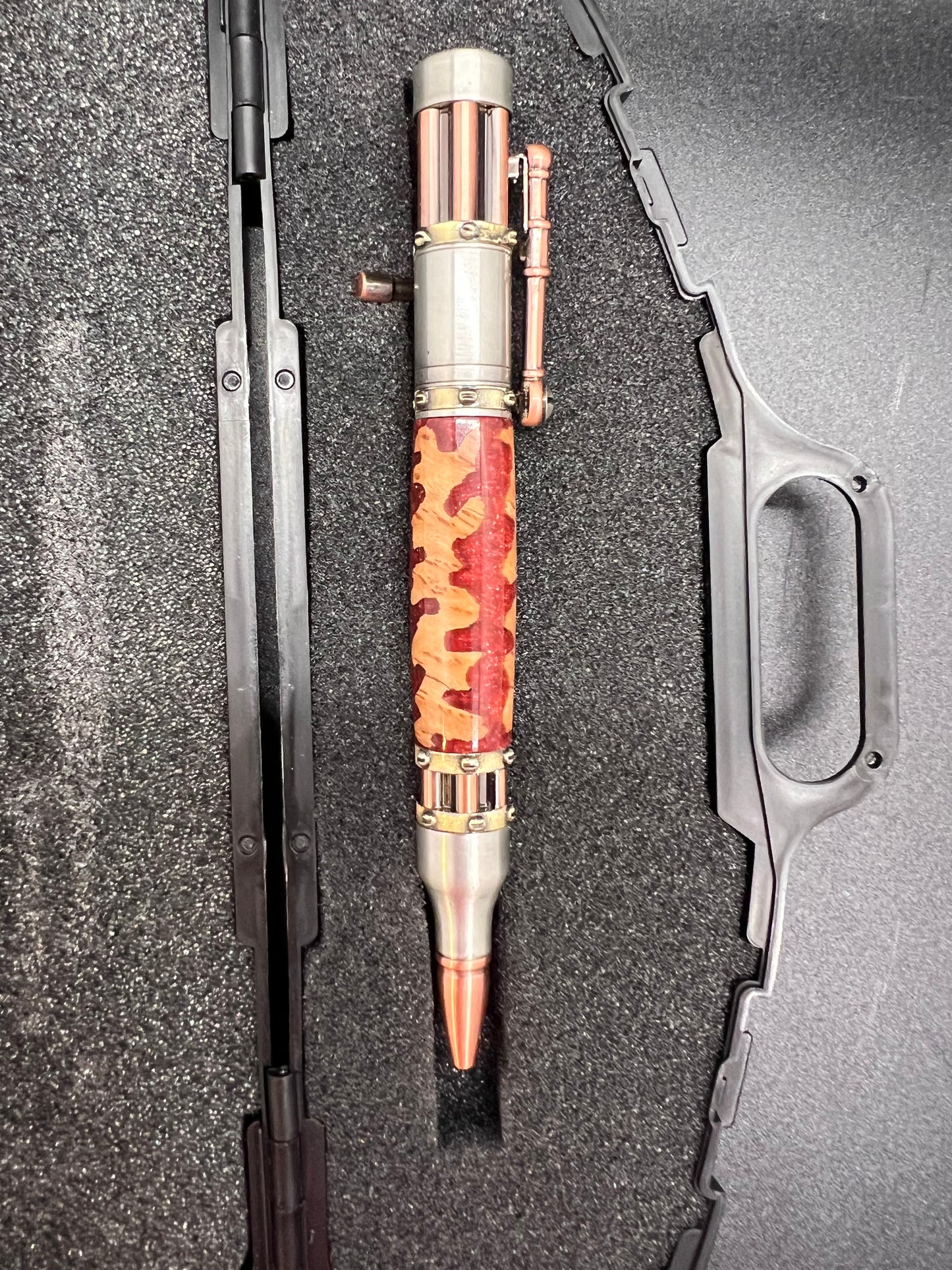 Steampunk Bolt Action Pen with Mallee Burl and Atomic Flare colored resin