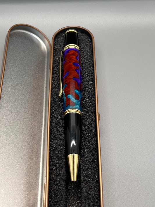 Black and Gold Gatsby Twist Pen with Amboyna Burl and Blue & Purple resin