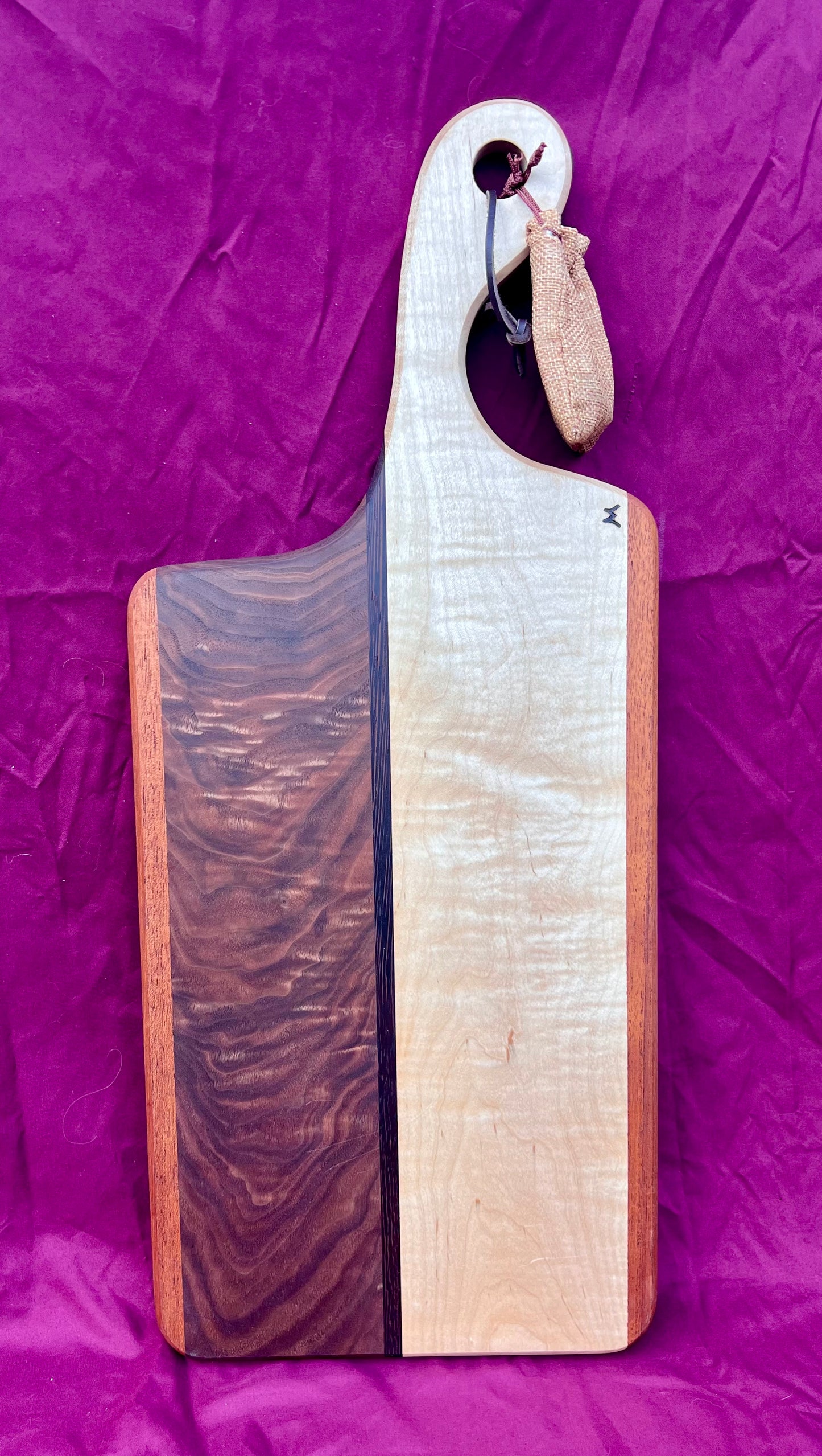 Charcuterie board Curly Walnut, Curly Maple, accented with Wenge & Mahogany