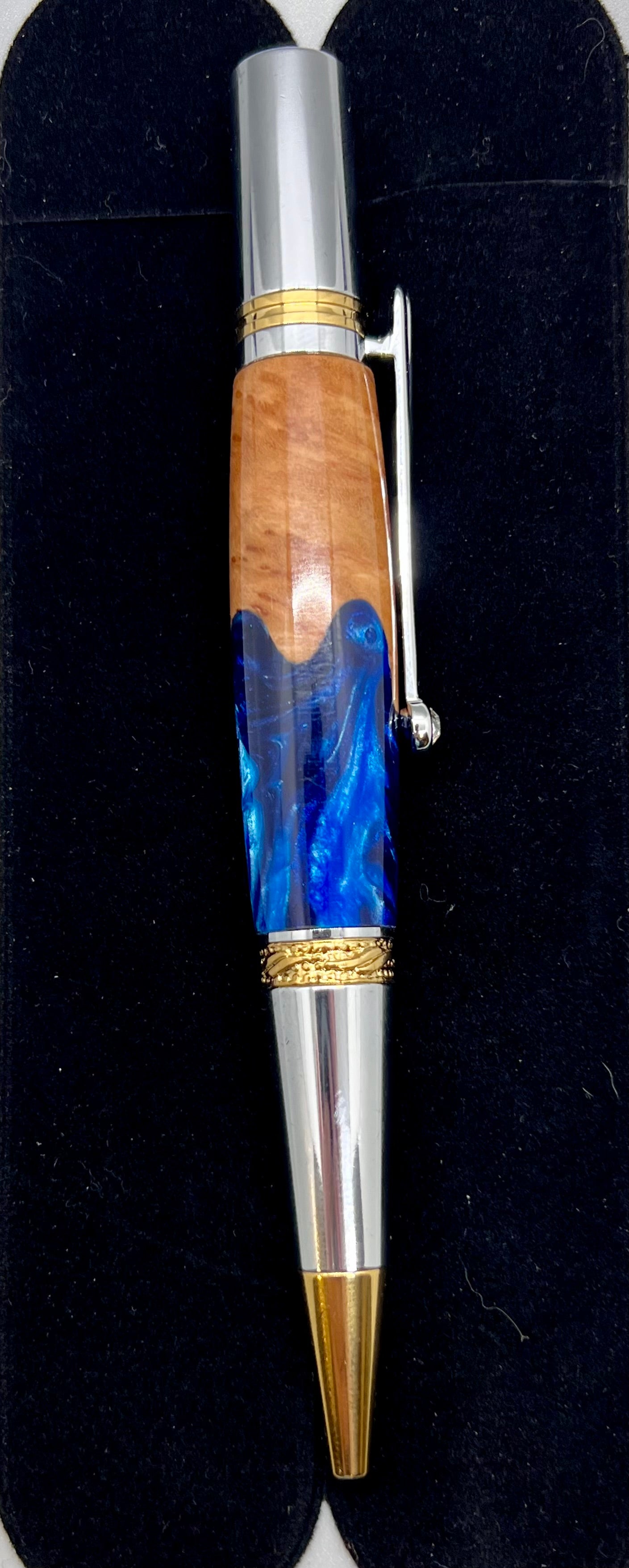 Majestic Squire Twist Pen in Gold and Chrome with Bimble Box Burl and Blue resin