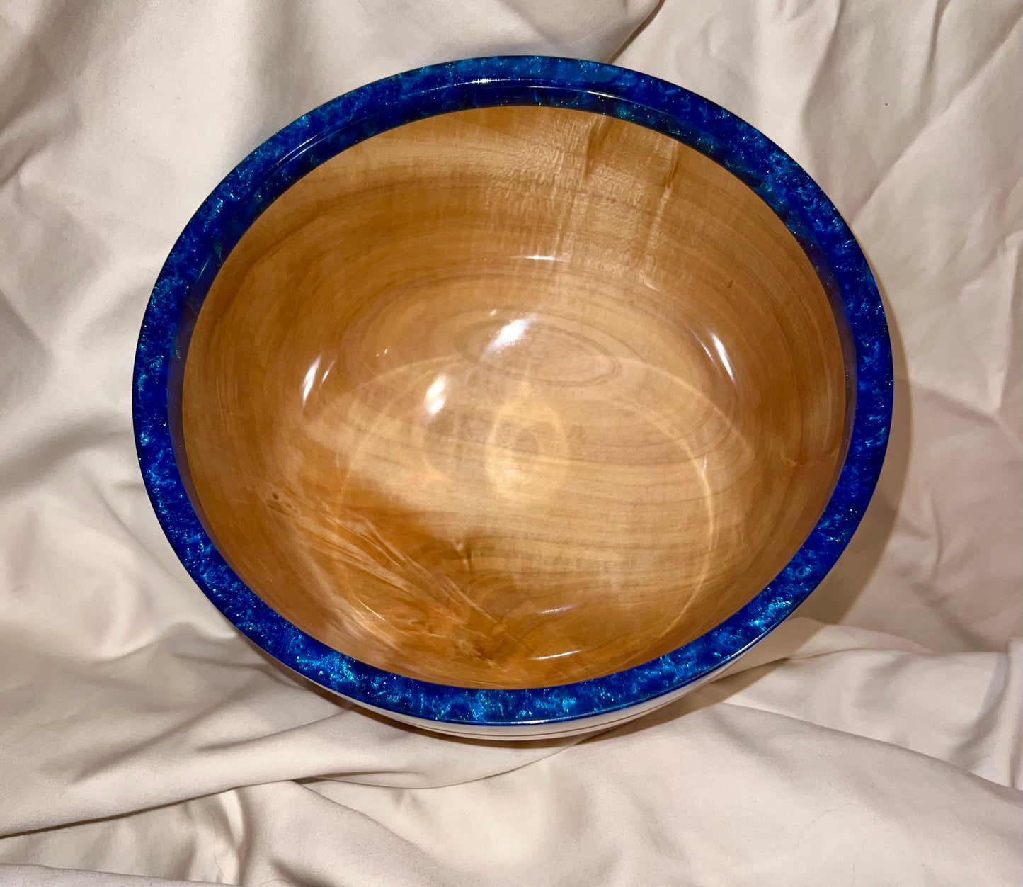 Hand turned curly Maple Bowl with Deep Blue Rim