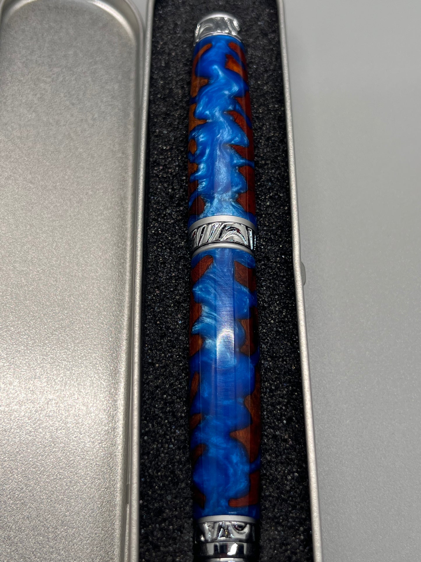 RARE Amboyna Burl Ultra Cigar Twist Pen encased with Blue resin