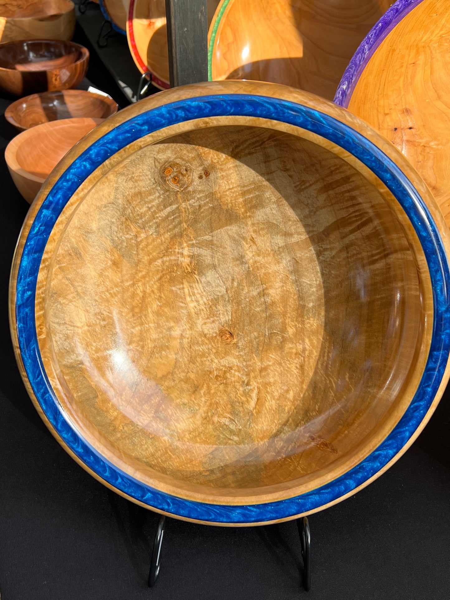 Hand Turned Very curly Maple Bowl with Deep Blue colored resin Rim