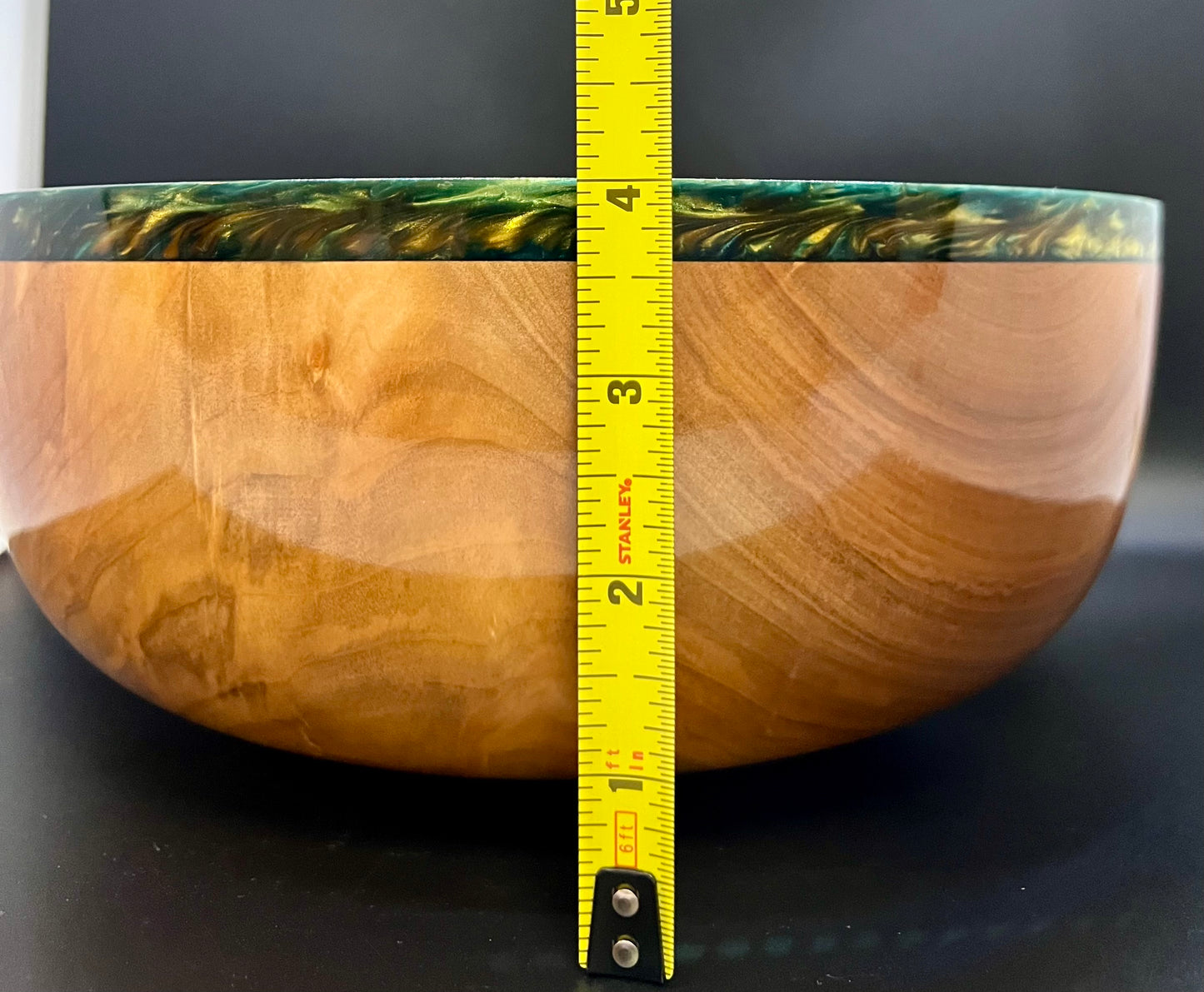 Hand turned curly Maple Bowl with Green and Gold rim