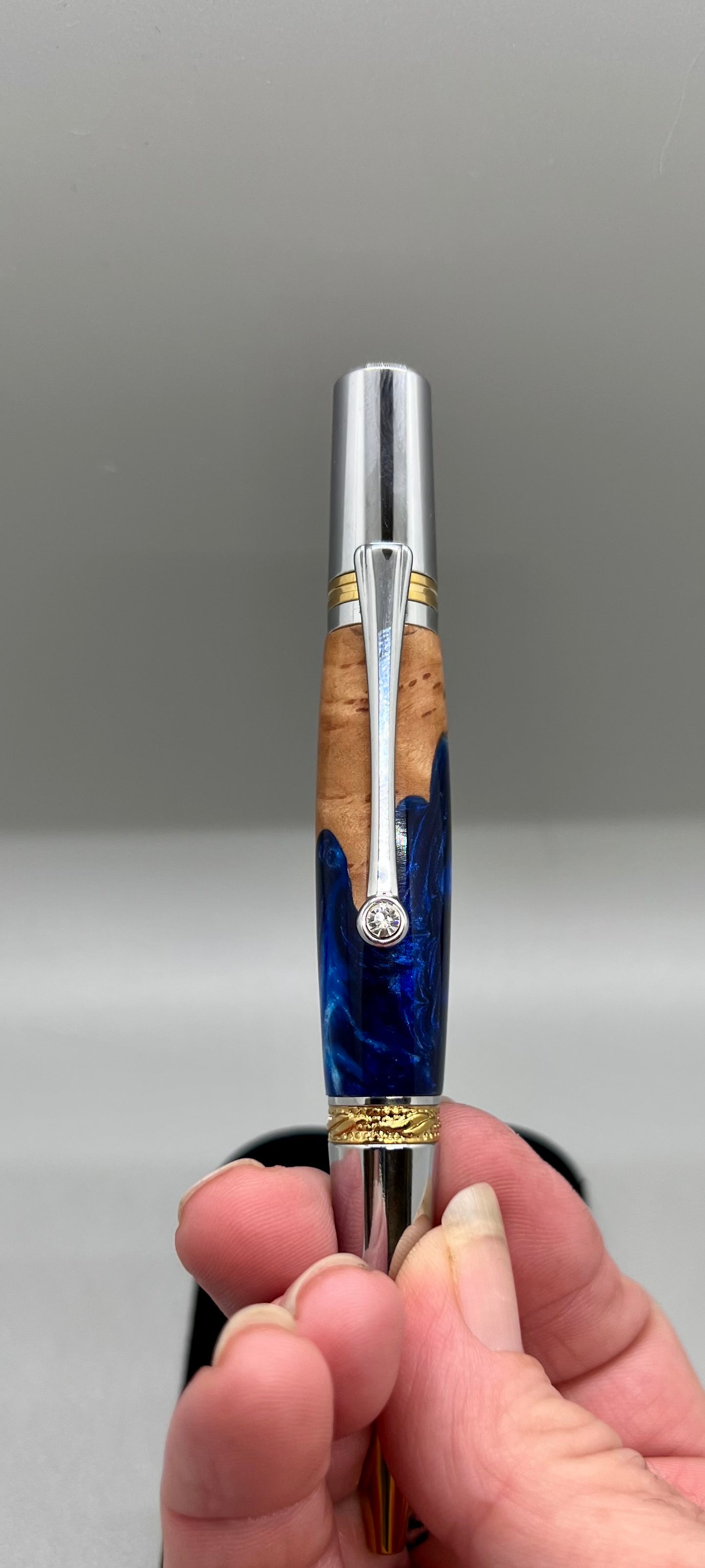 Majestic Squire Twist Pen in Gold and Chrome with Bimble Box Burl and Blue resin