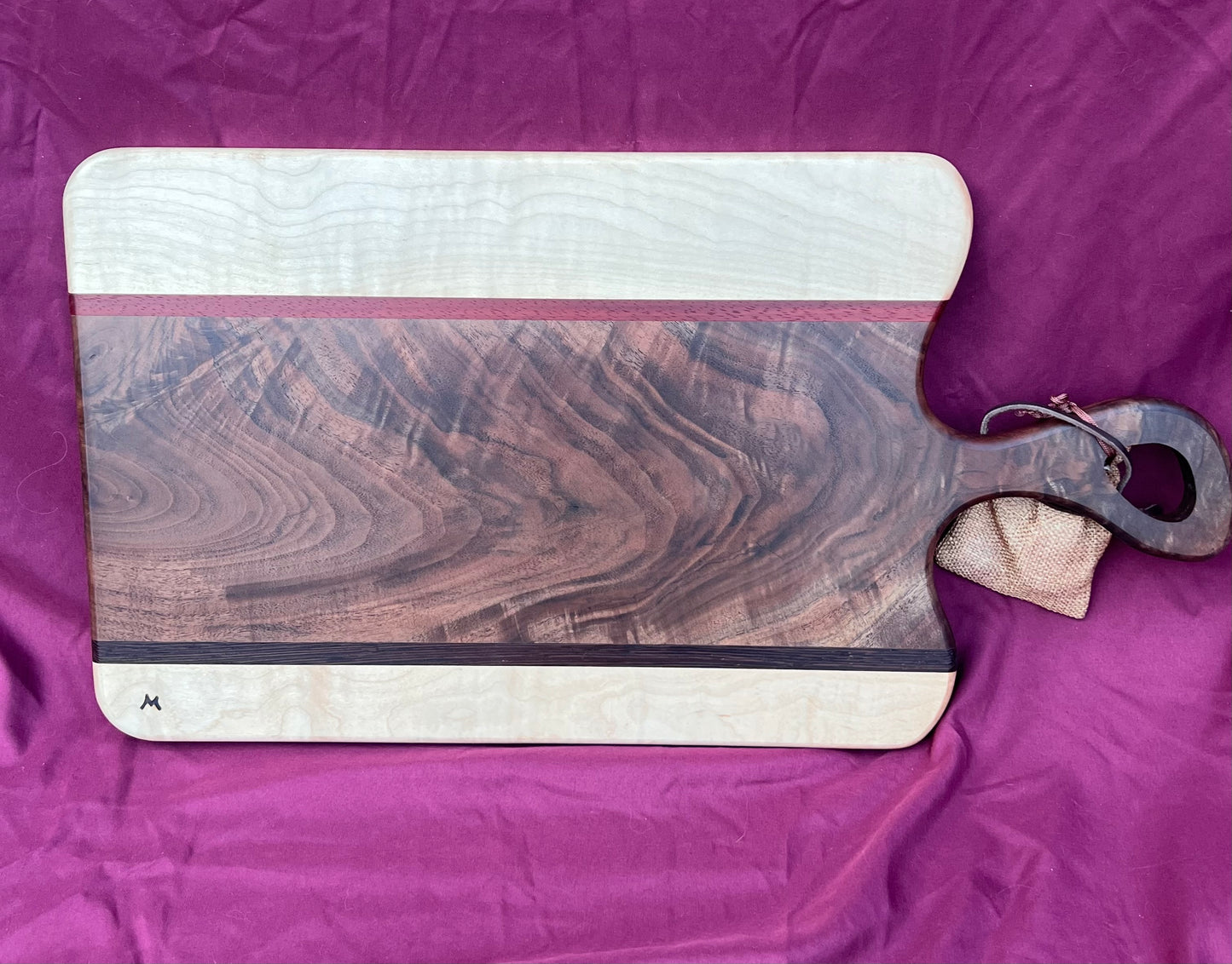 Charcuterie board Curly Walnut, Curly Maple, Accented with Padauk and Wenge