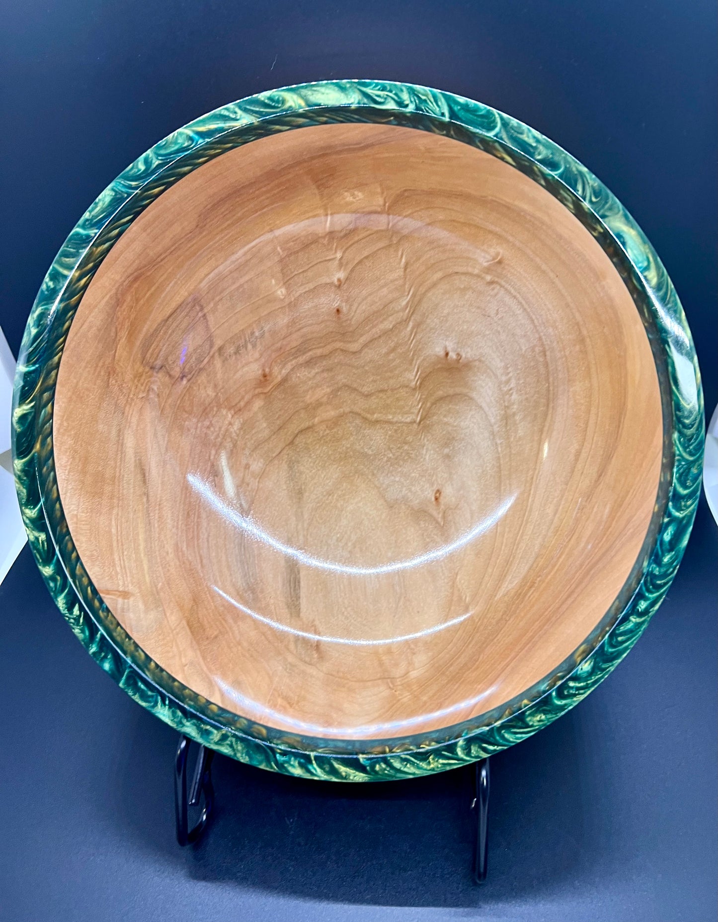 Hand turned curly Maple Bowl with Green and Gold rim