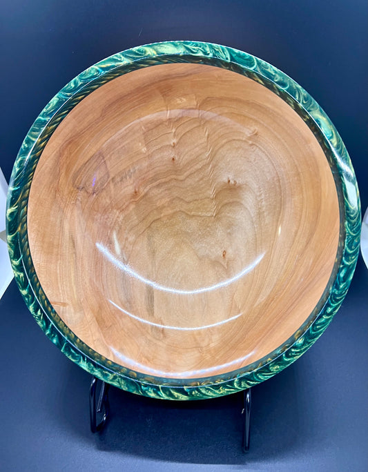 Hand turned curly Maple Bowl with Green and Gold rim