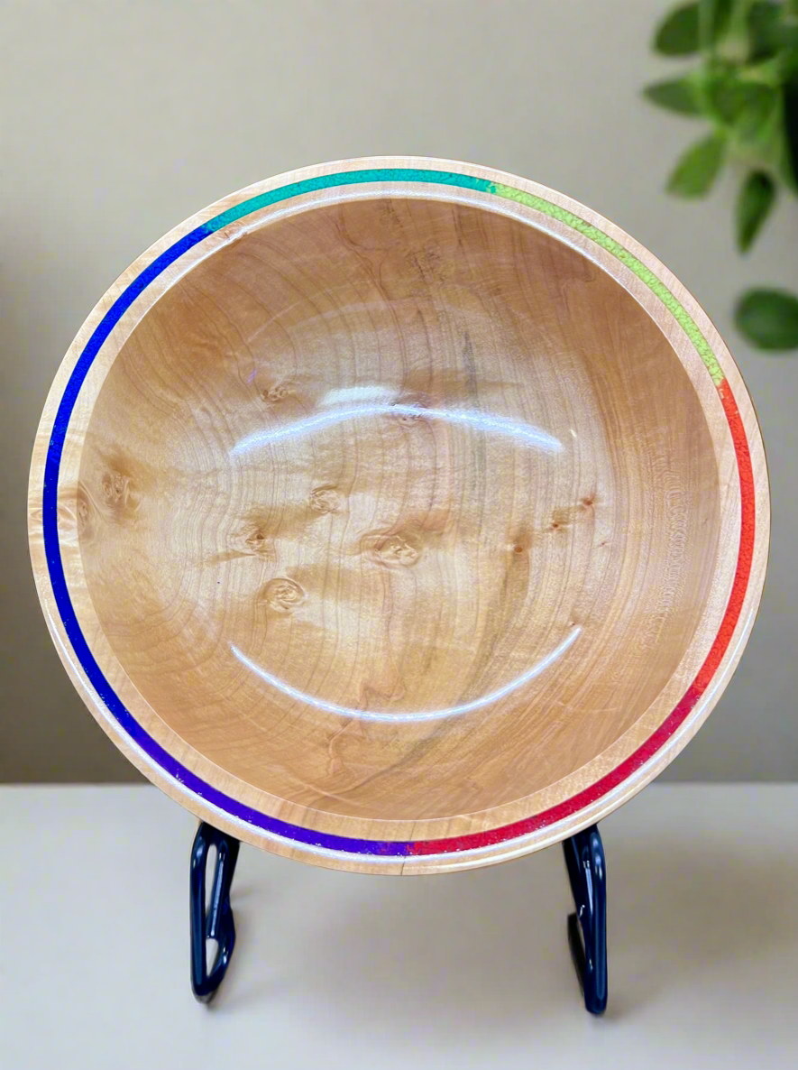 Hand turned Curly Maple Bowl with rainbow inlay