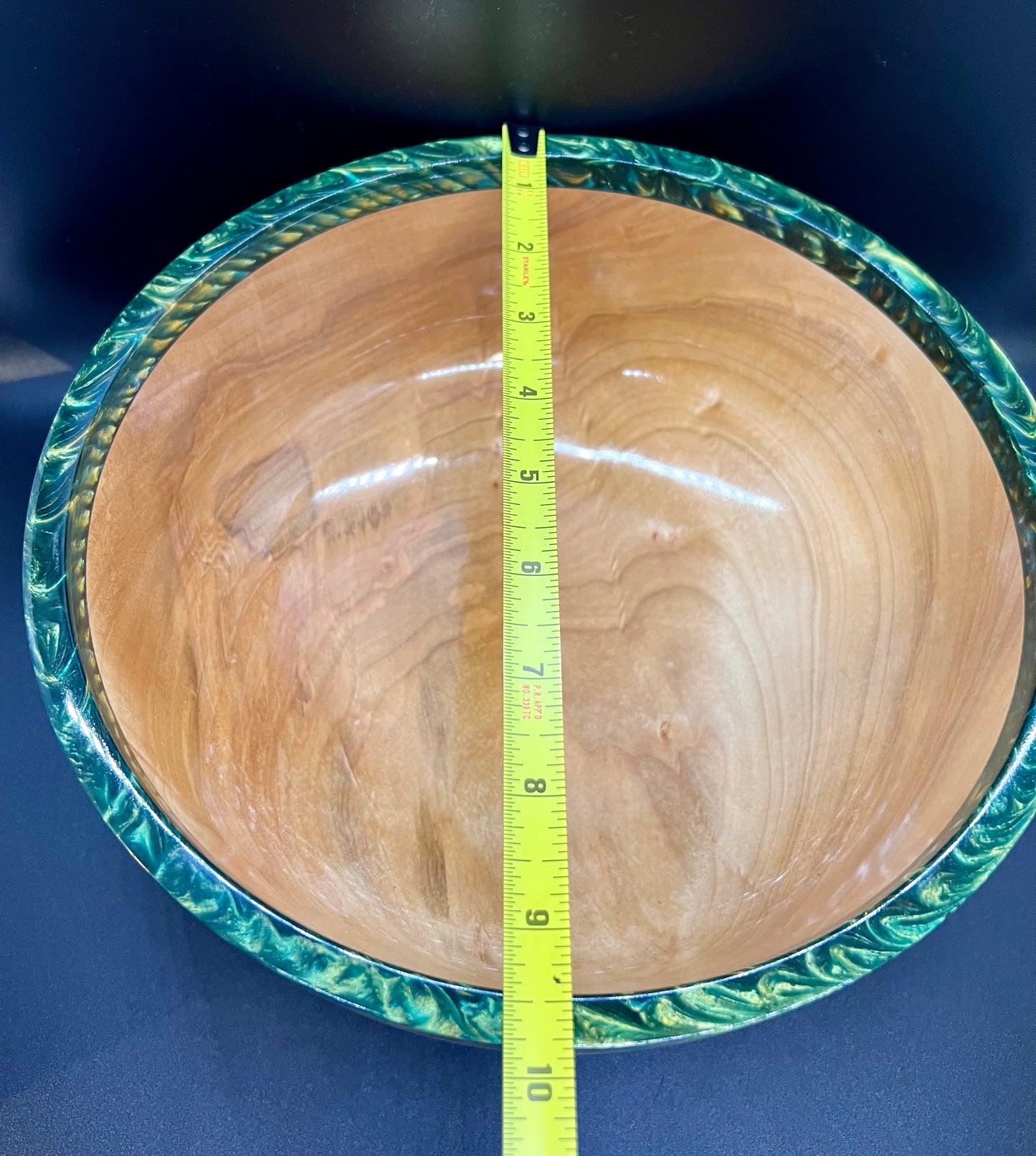 Hand turned curly Maple Bowl with Green and Gold rim