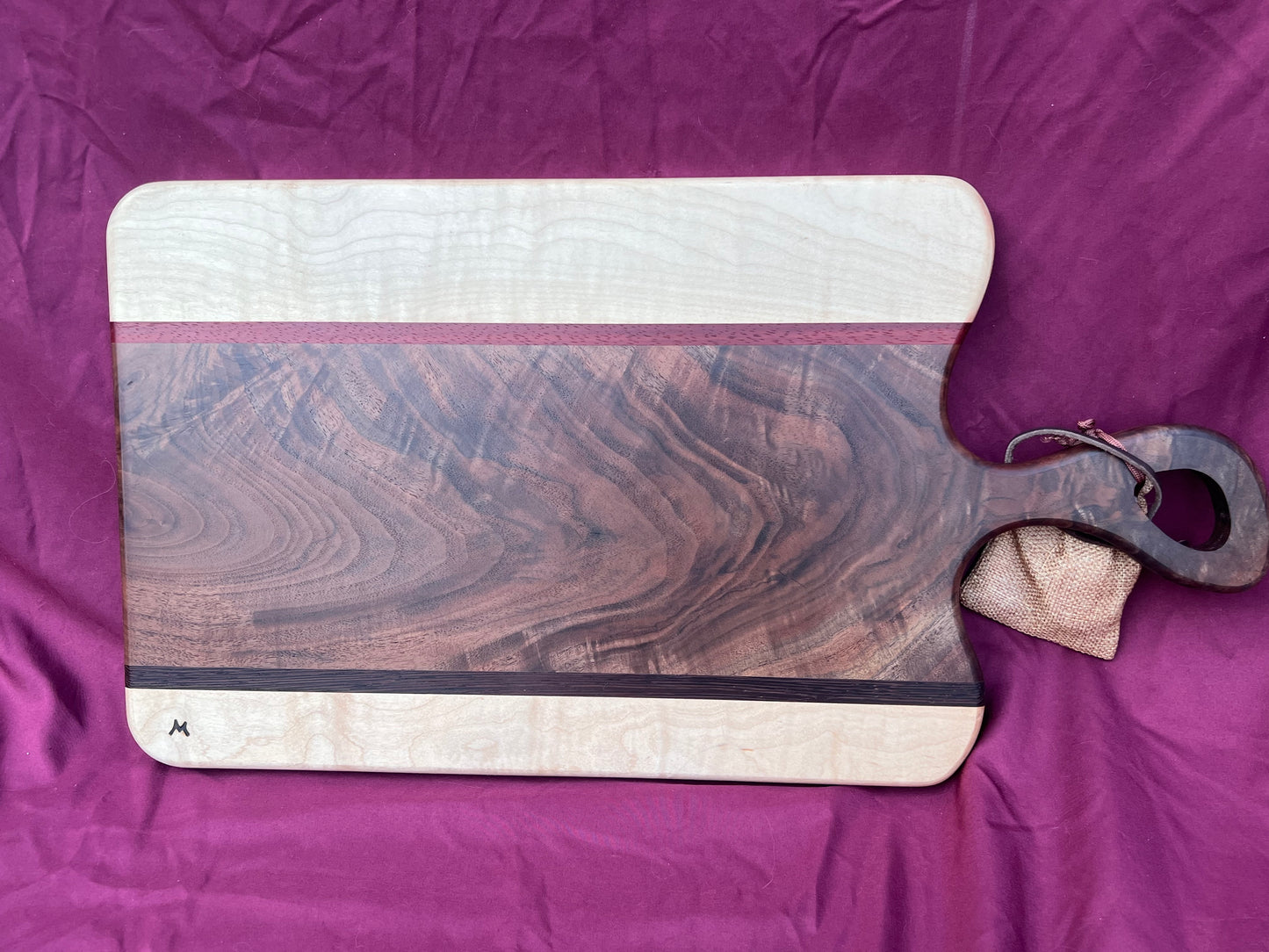 Charcuterie board Curly Walnut, Curly Maple, Accented with Padauk and Wenge