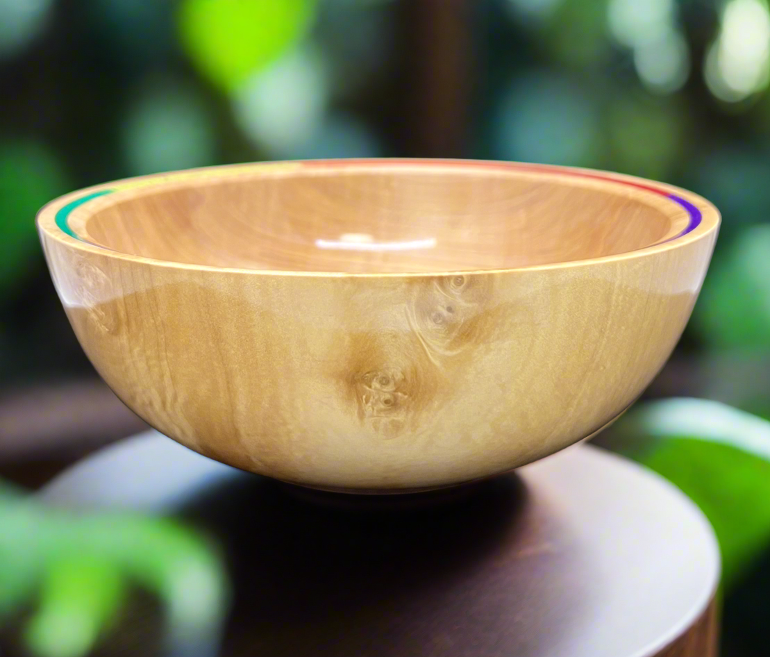 Hand turned Curly Maple Bowl with rainbow inlay