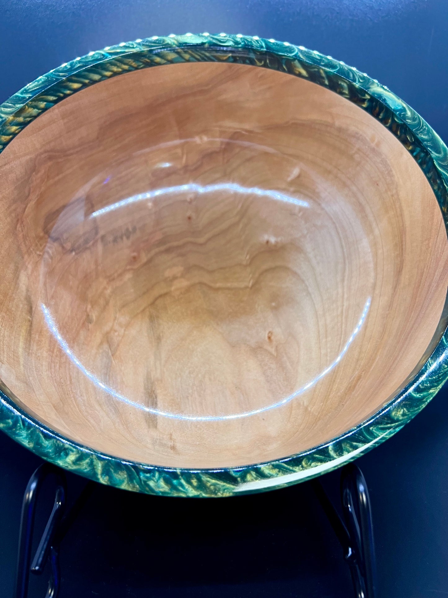 Hand turned curly Maple Bowl with Green and Gold rim