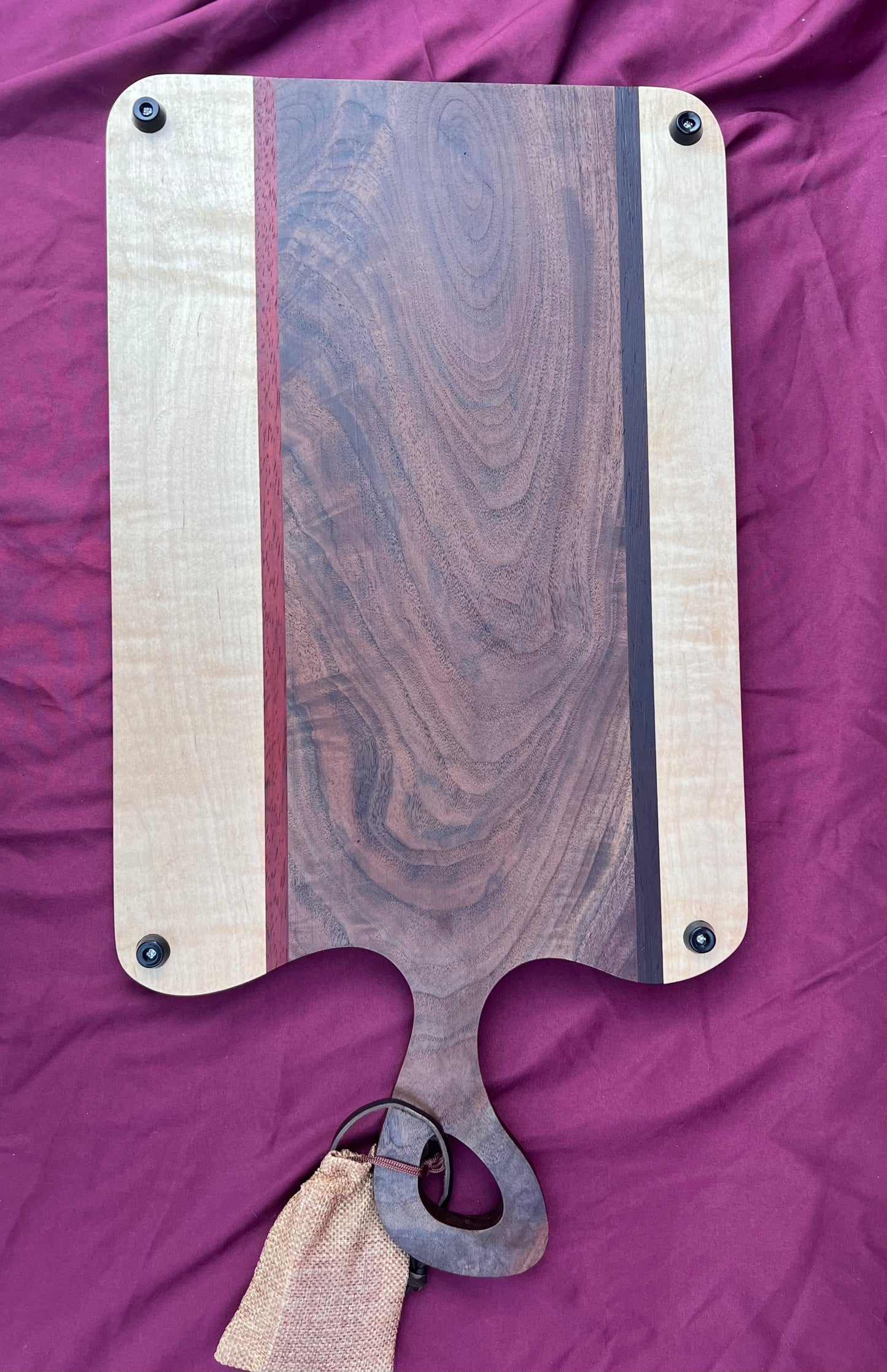 Charcuterie board Curly Walnut, Curly Maple, Accented with Padauk and Wenge