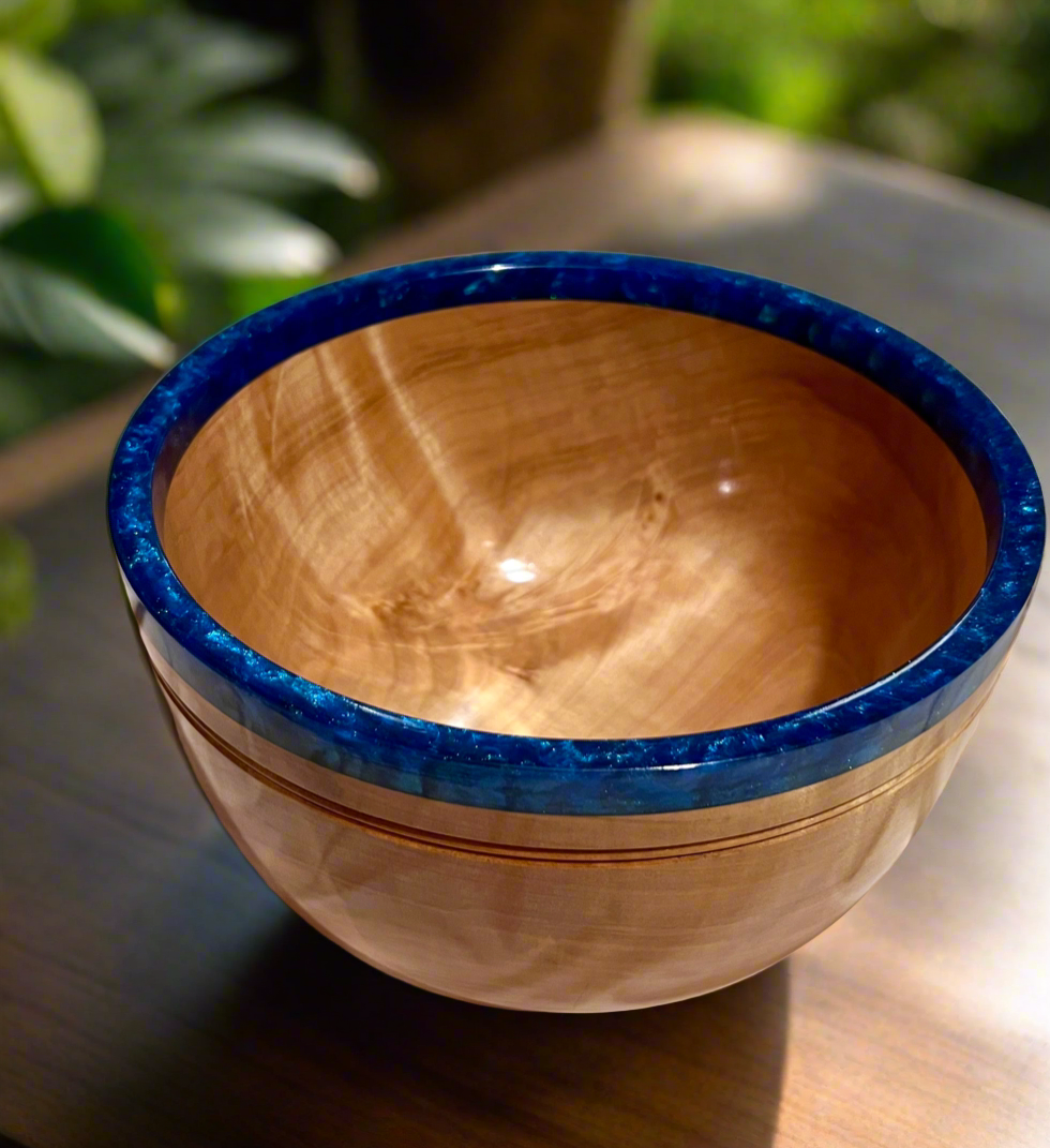 Hand turned curly Maple Bowl with Deep Blue Rim