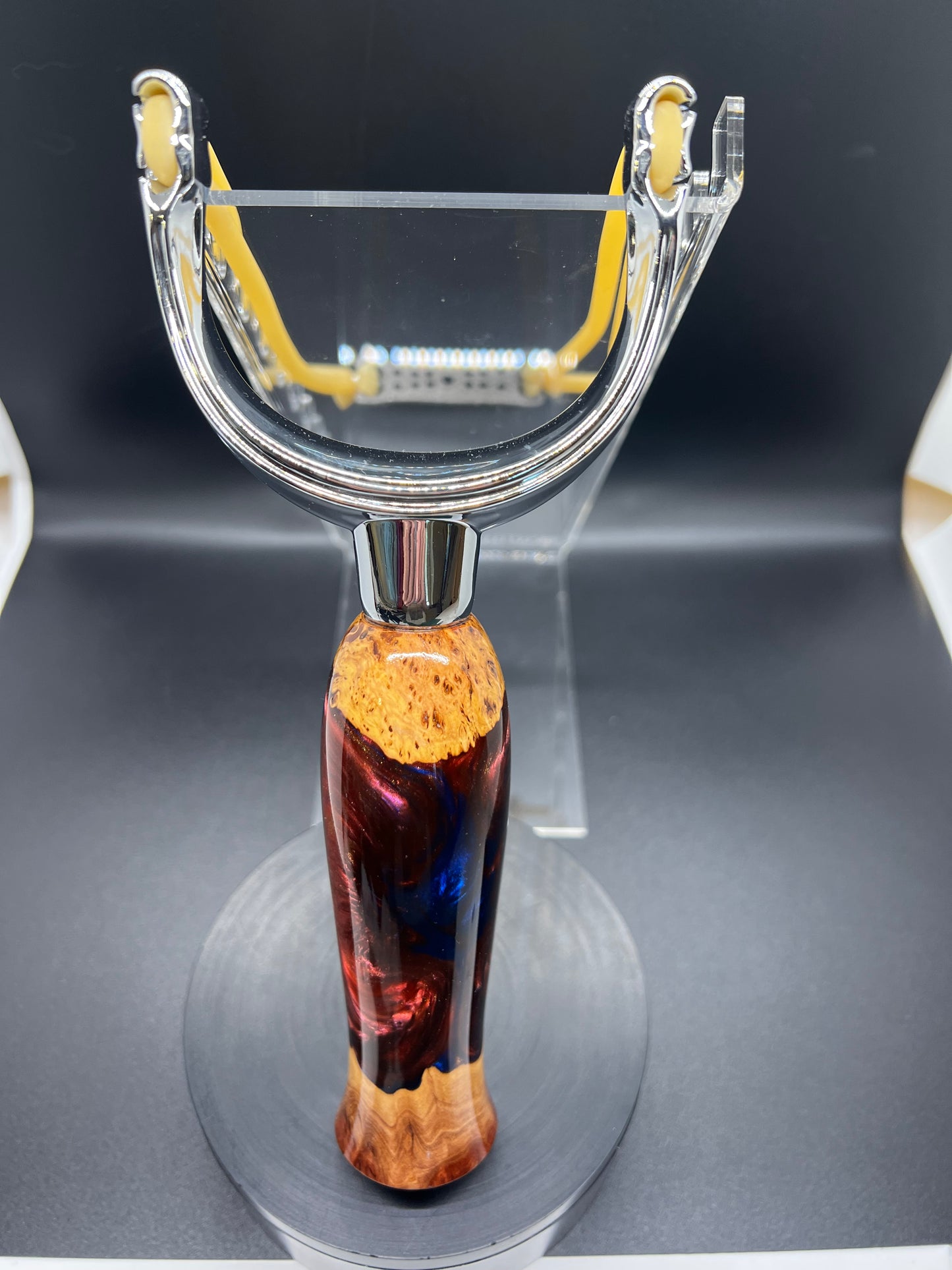 Slingshot-Mallee Burl-Blue and Maroon resin