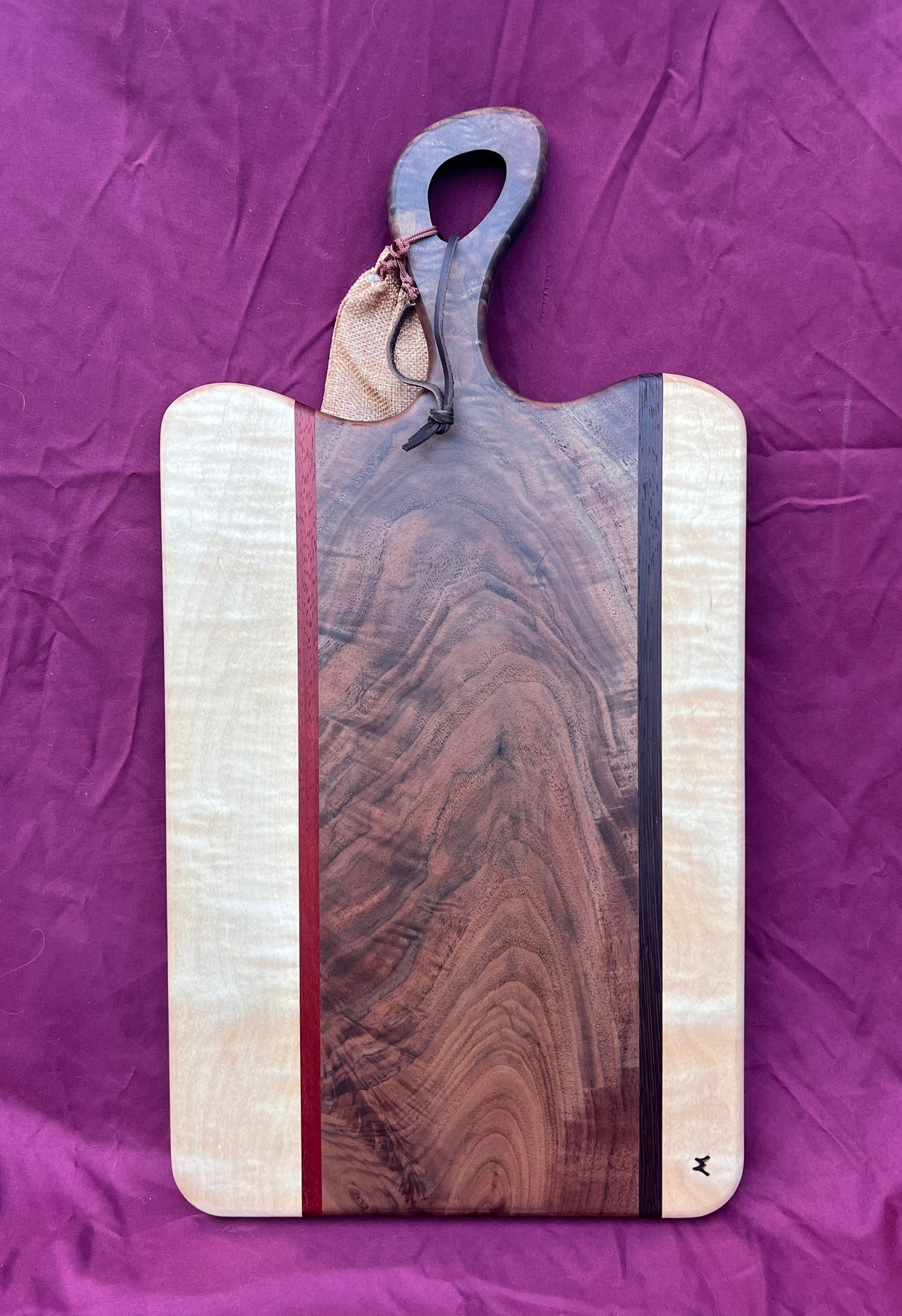 Charcuterie board Curly Walnut, Curly Maple, Accented with Padauk and Wenge