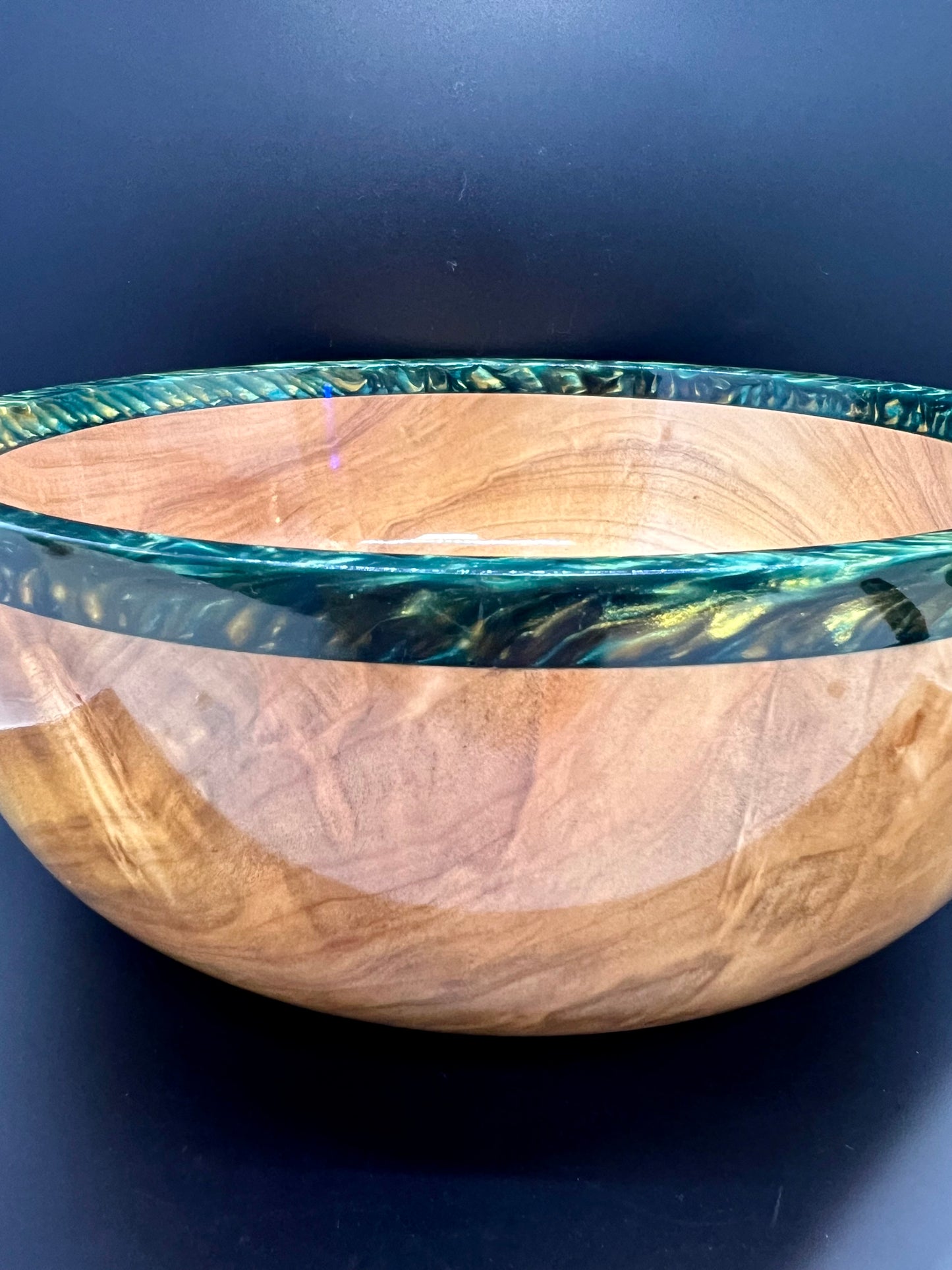 Hand turned curly Maple Bowl with Green and Gold rim