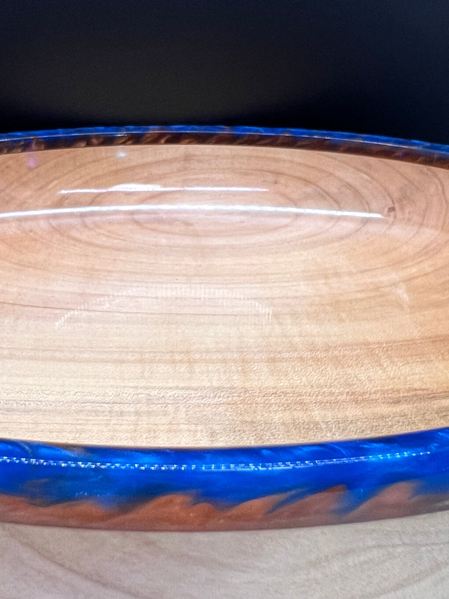 Hand turned curly Maple Bowl with Blue and Gold rim