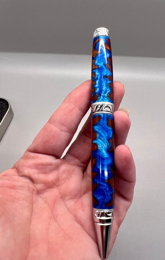 RARE Amboyna Burl Ultra Cigar Twist Pen encased with Blue resin